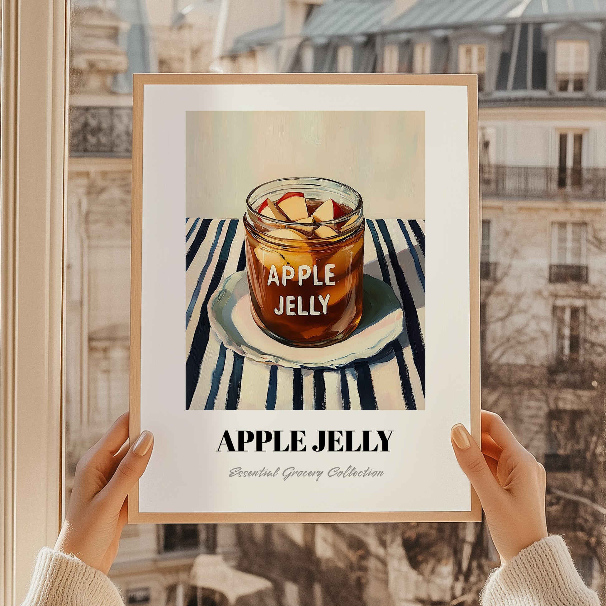 Apple Jelly – on Striped Tablecloth, Jam Wall Decor, styled in a charming Paris street view