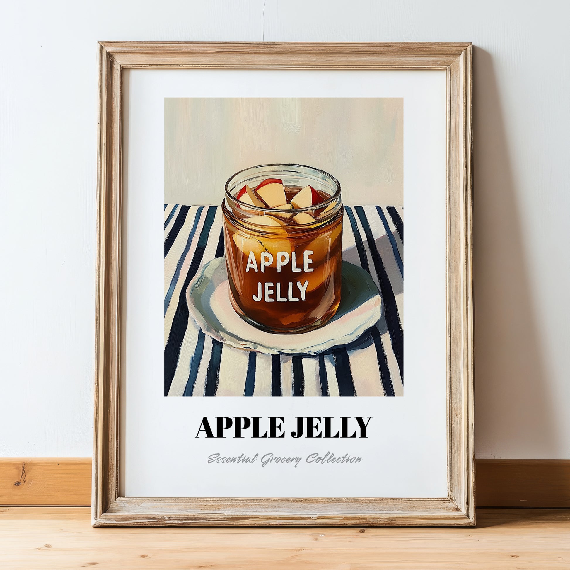 Apple Jelly – on Striped Tablecloth, Jam Wall Decor, in wooden frame leaning on the floor