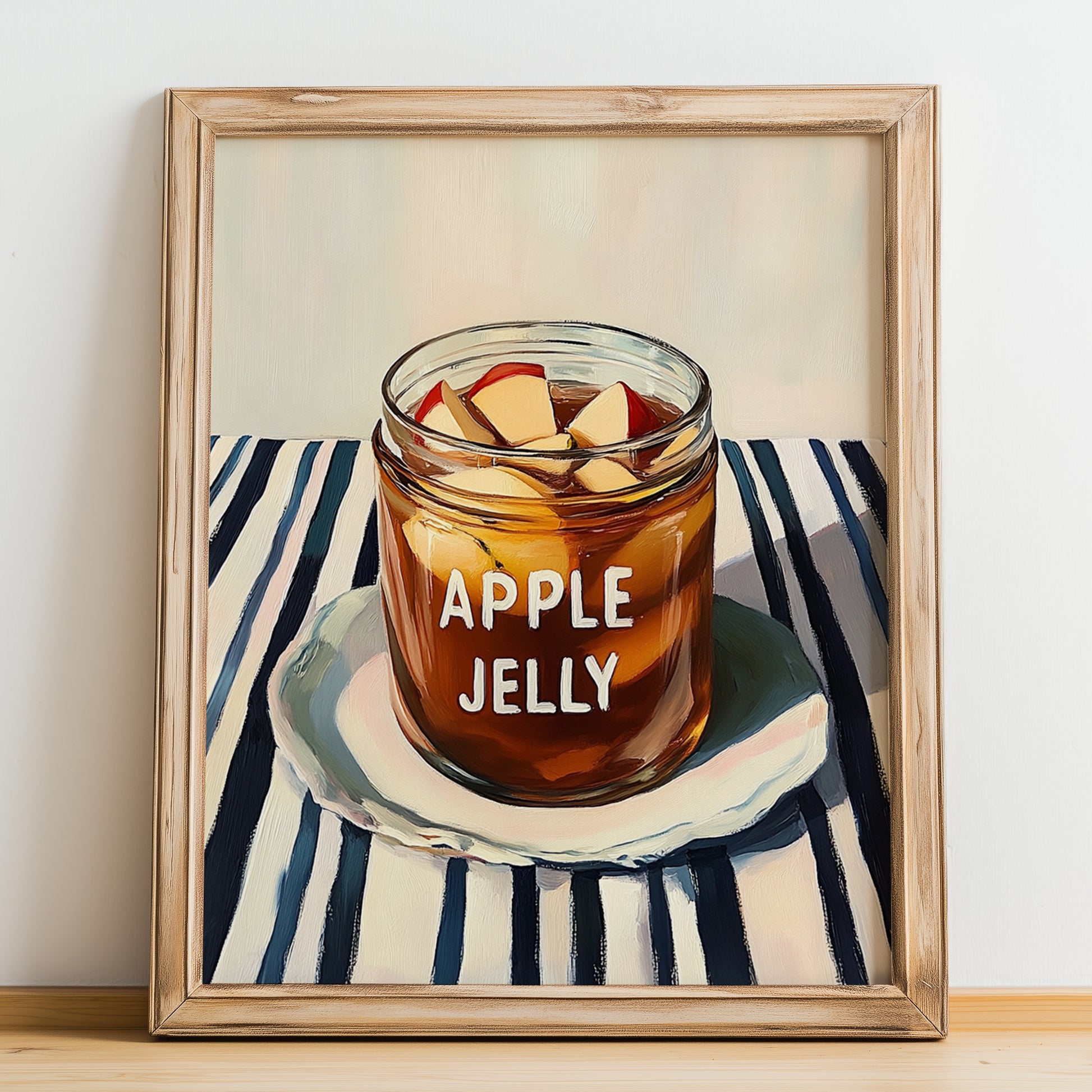 Apple Jelly – on Striped Tablecloth, Jam Wall Decor, no-text version framed in wood
