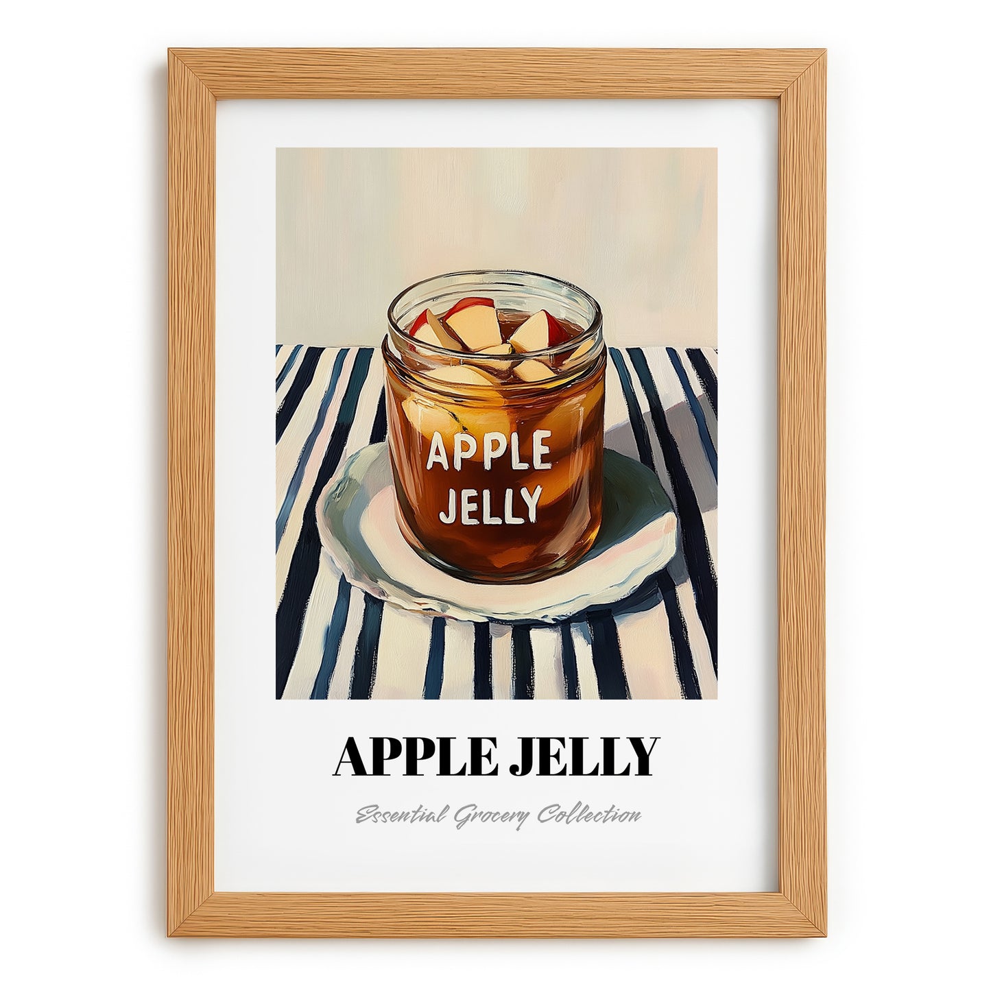Apple Jelly – on Striped Tablecloth, Jam Wall Decor, set in oak frame