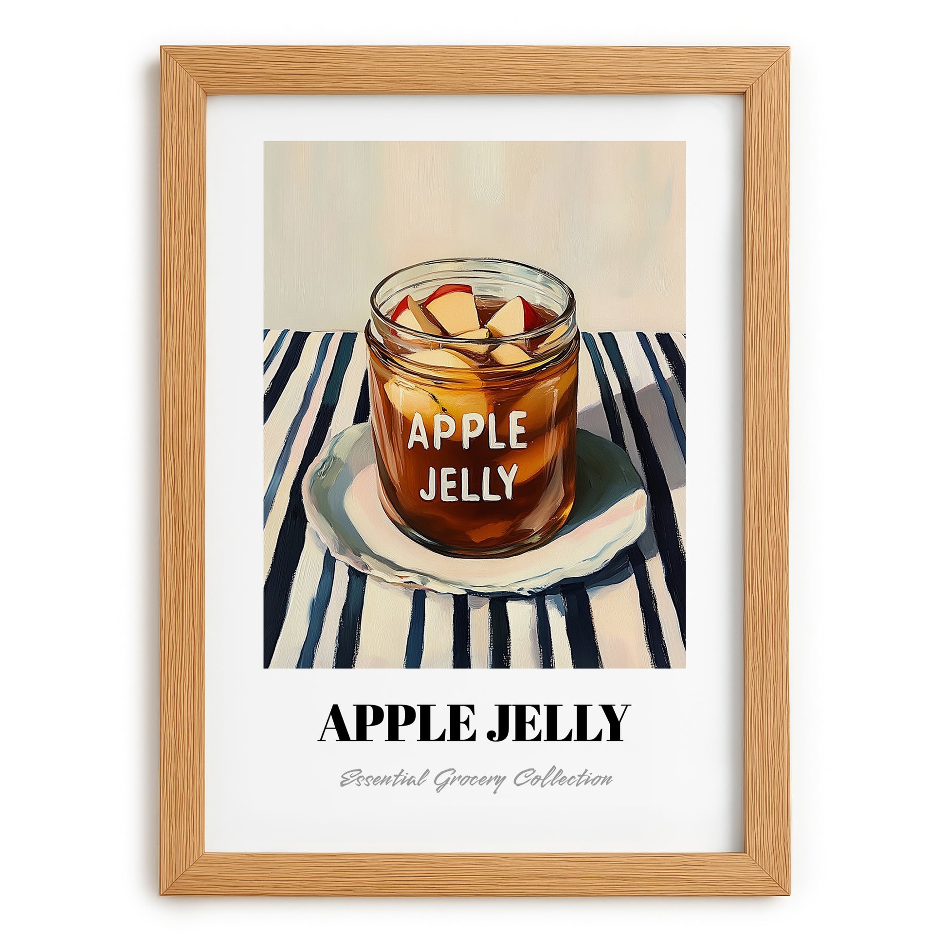 Apple Jelly – on Striped Tablecloth, Jam Wall Decor, set in oak frame