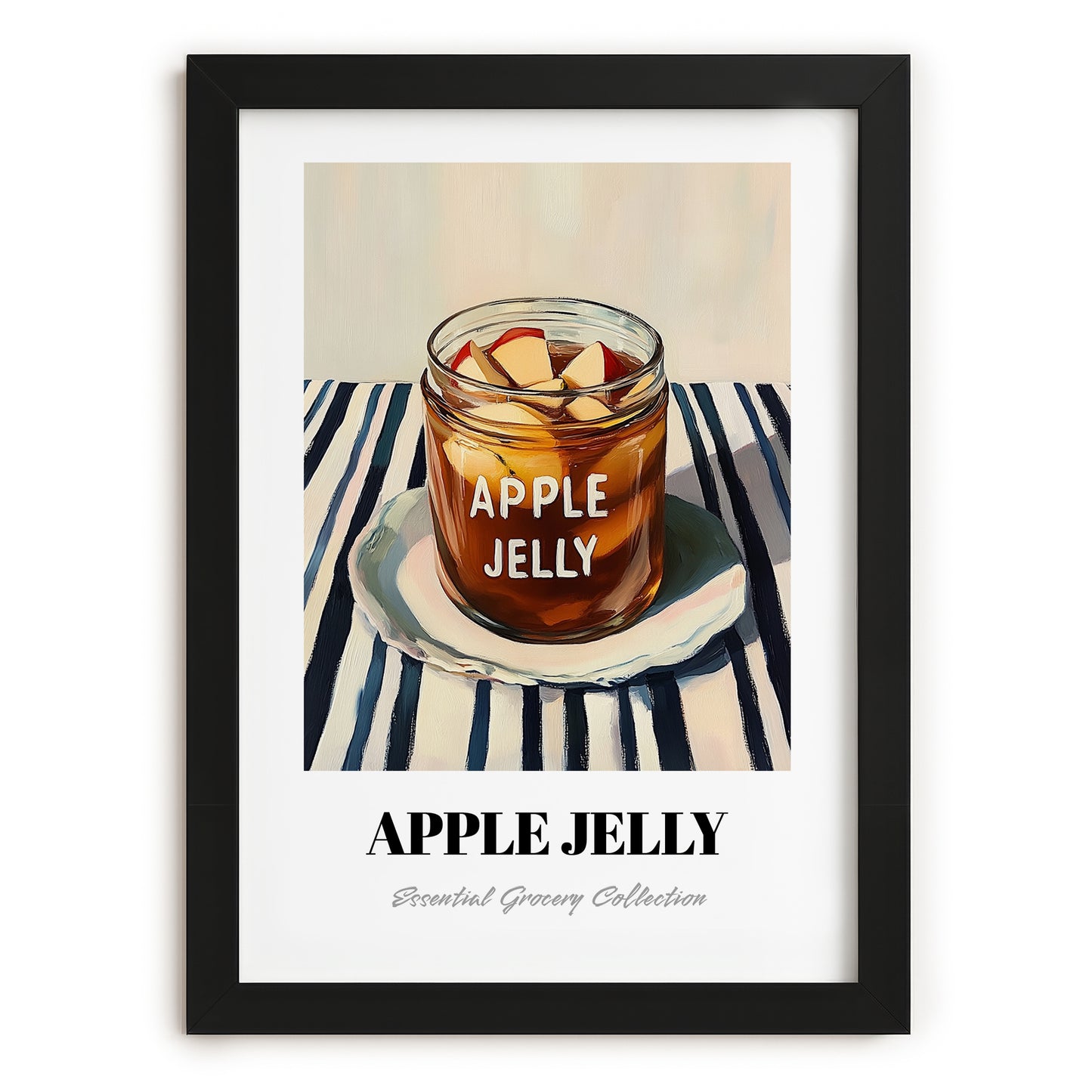 Apple Jelly – on Striped Tablecloth, Jam Wall Decor, in sleek black frame