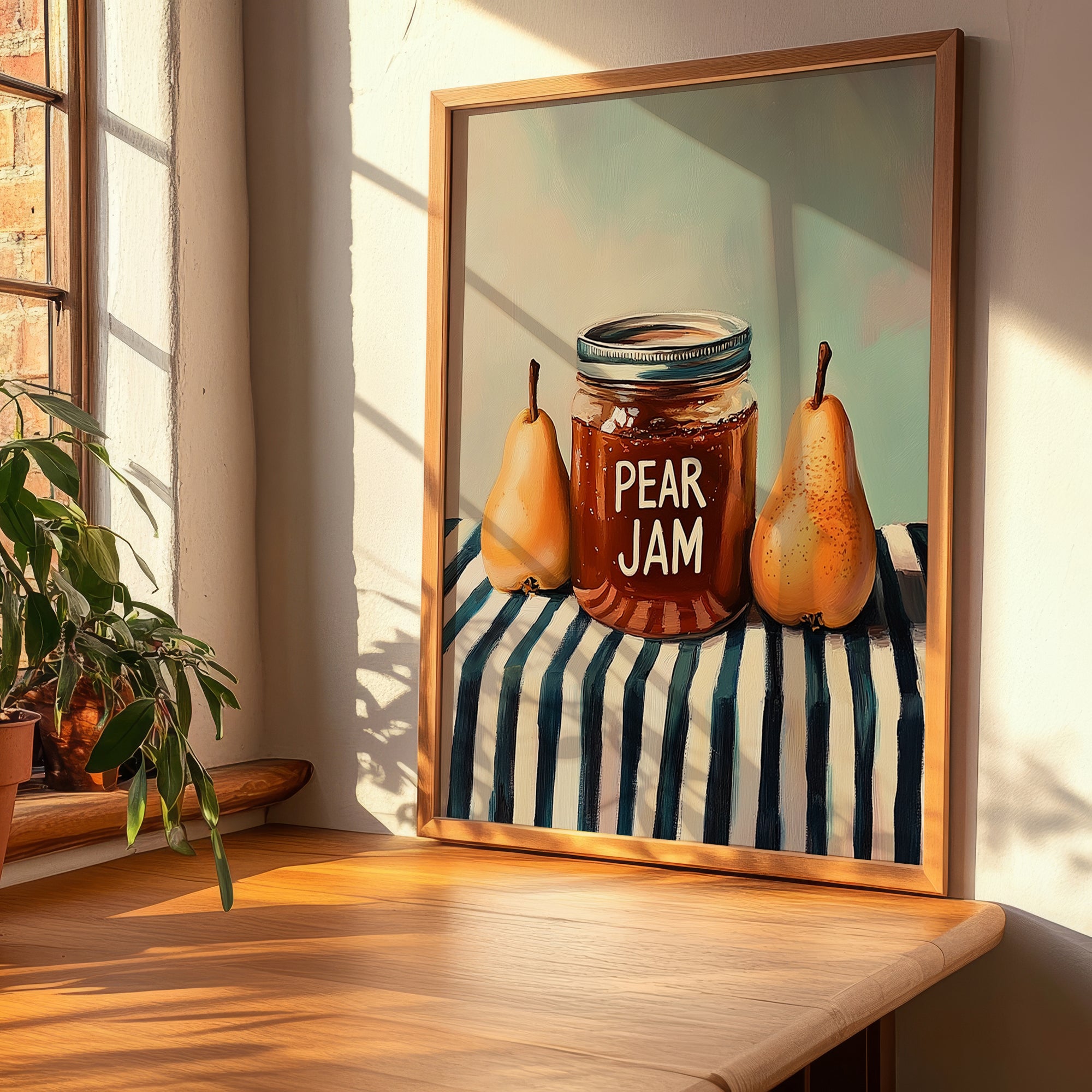 Pear Jam – on Striped Tablecloth, Jam Poster, clean layout with no caption