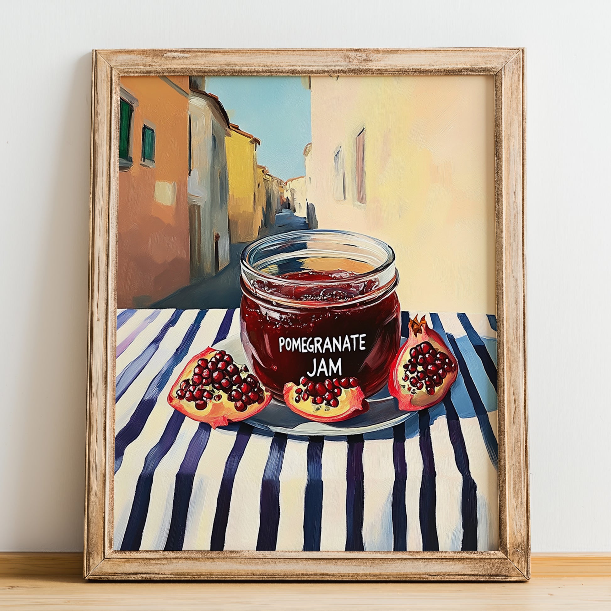 Pomegranate Jam – Italian Street Café Scene, Jam Painting, no-text version framed in wood