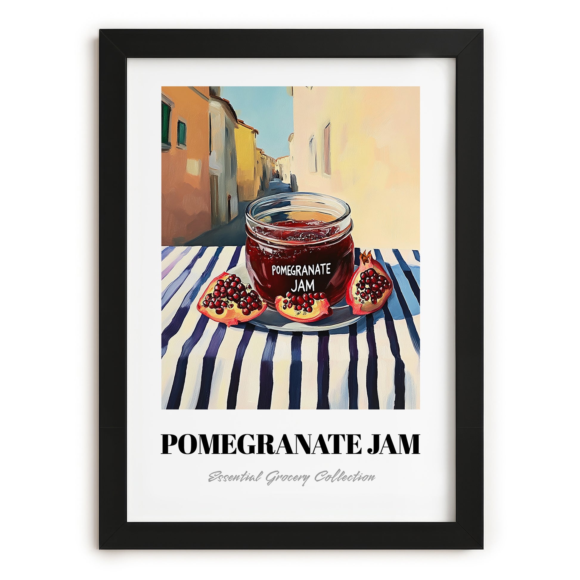 Pomegranate Jam – Italian Street Café Scene, Jam Painting, in sleek black frame