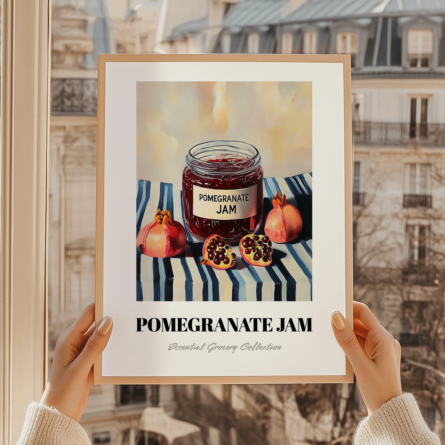 Pomegranate Jam – on Striped Tablecloth, Jam Illustration, styled in a charming Paris street view