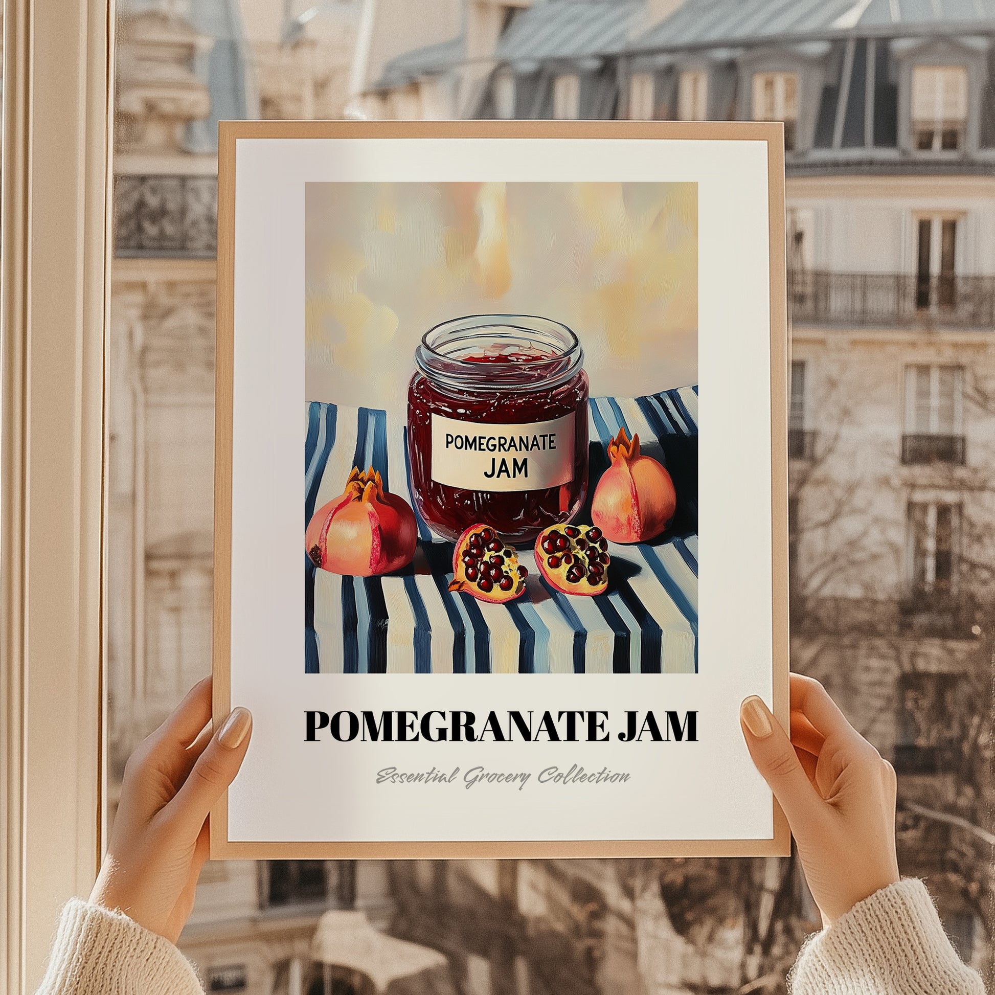 Pomegranate Jam – on Striped Tablecloth, Jam Illustration, styled in a charming Paris street view