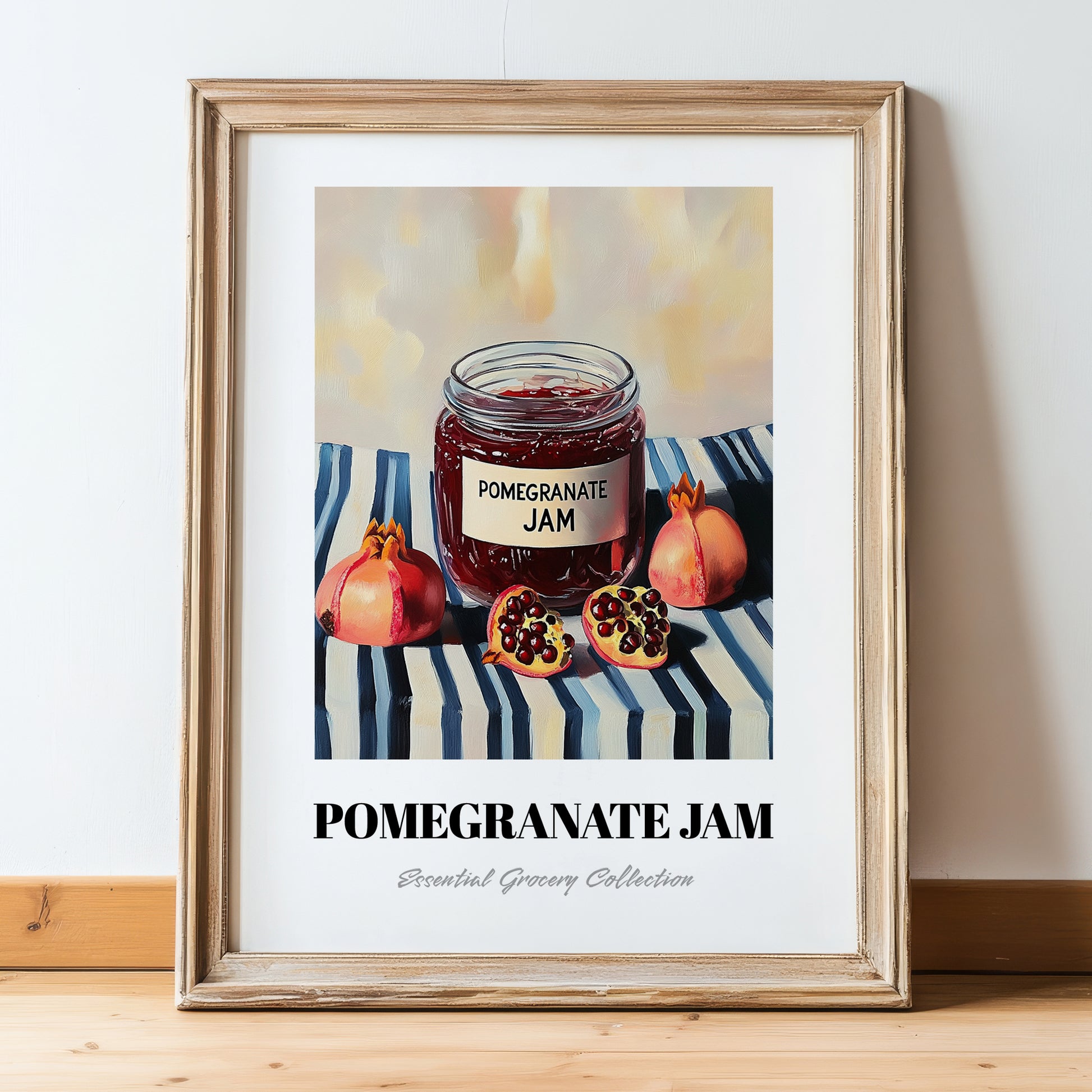 Pomegranate Jam – on Striped Tablecloth, Jam Illustration, in wooden frame leaning on the floor