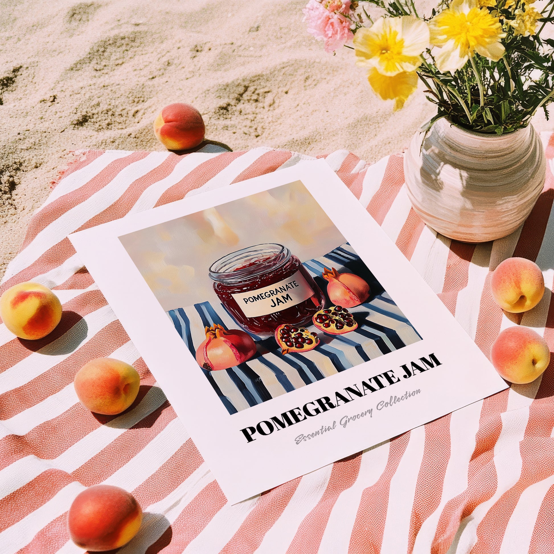 Pomegranate Jam – on Striped Tablecloth, Jam Illustration, unframed on coastal sand