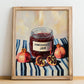 Pomegranate Jam – on Striped Tablecloth, Jam Illustration, no-text version framed in wood