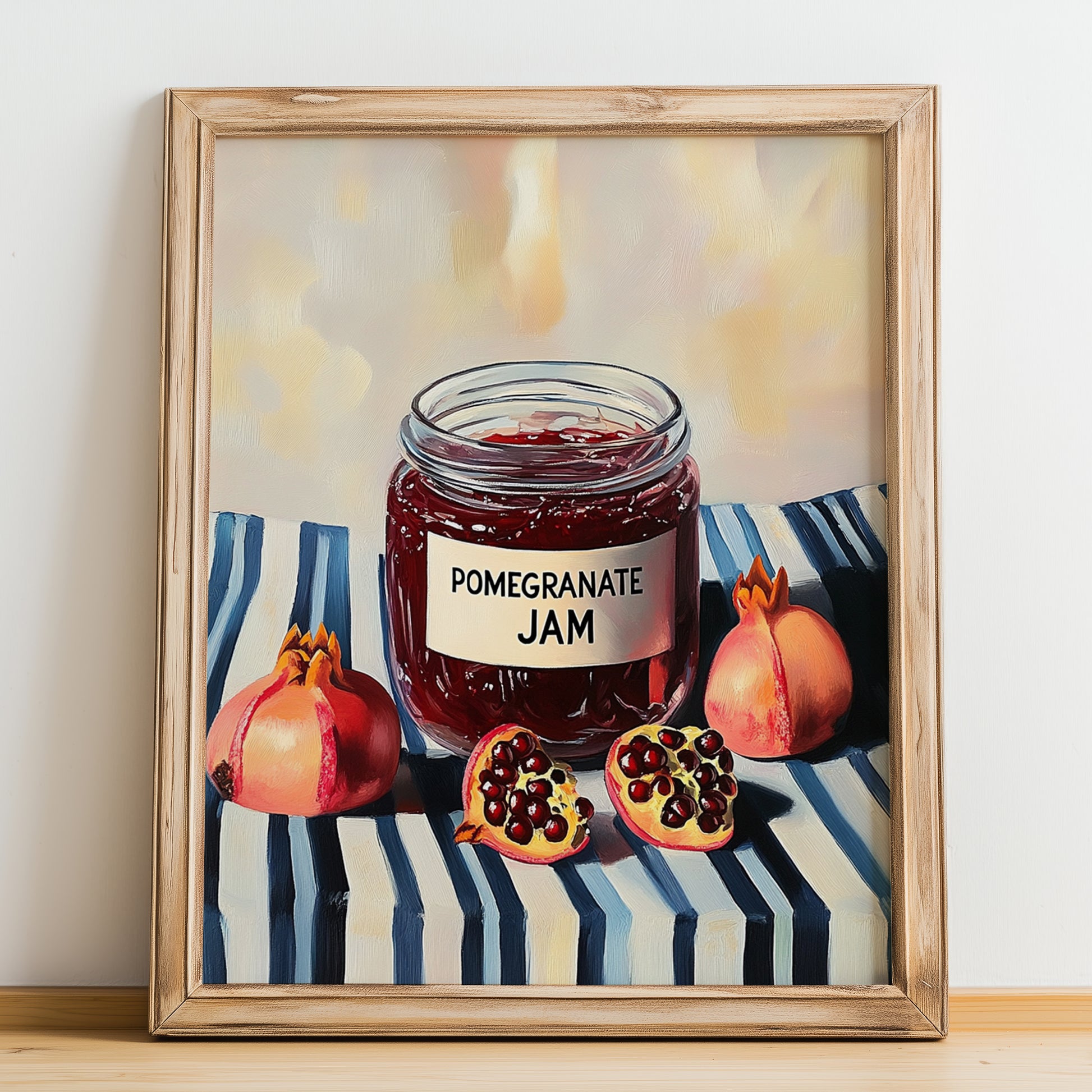 Pomegranate Jam – on Striped Tablecloth, Jam Illustration, no-text version framed in wood
