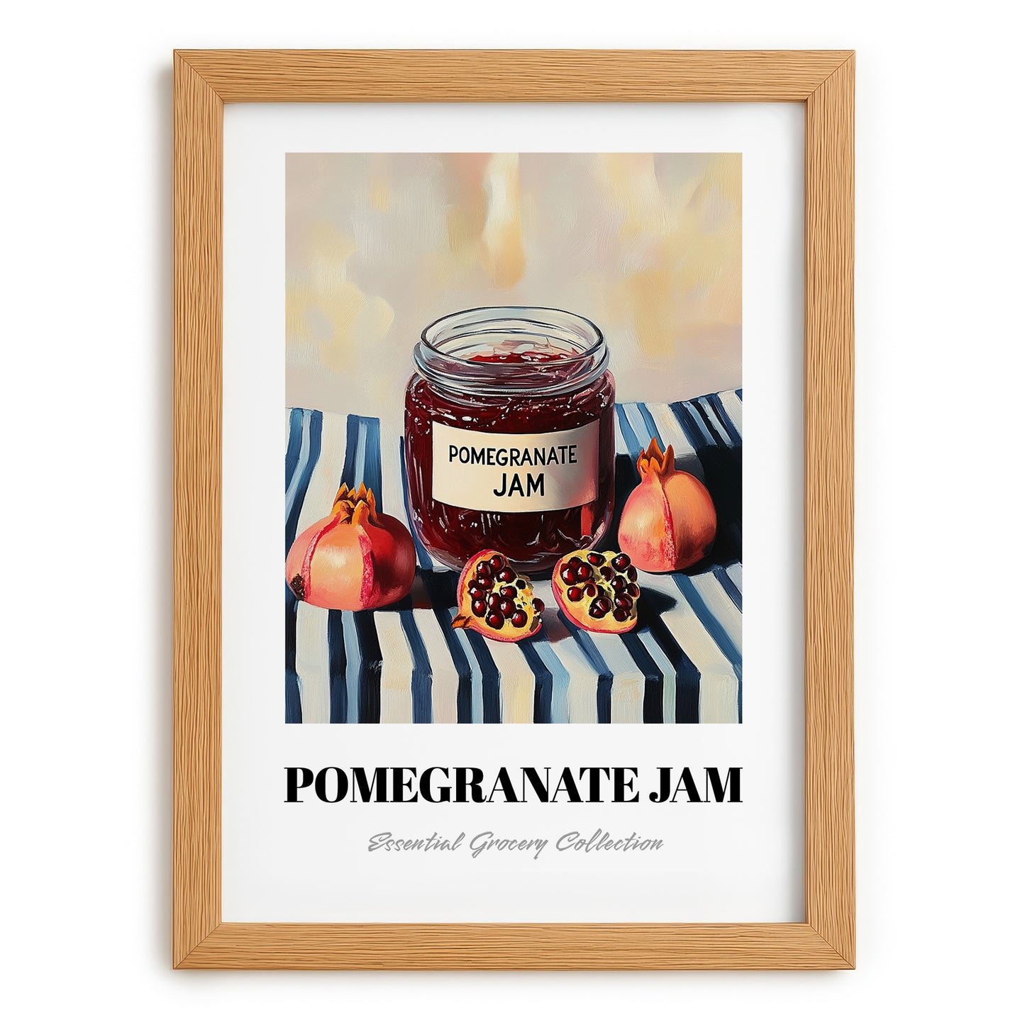 Pomegranate Jam – on Striped Tablecloth, Jam Illustration, set in oak frame