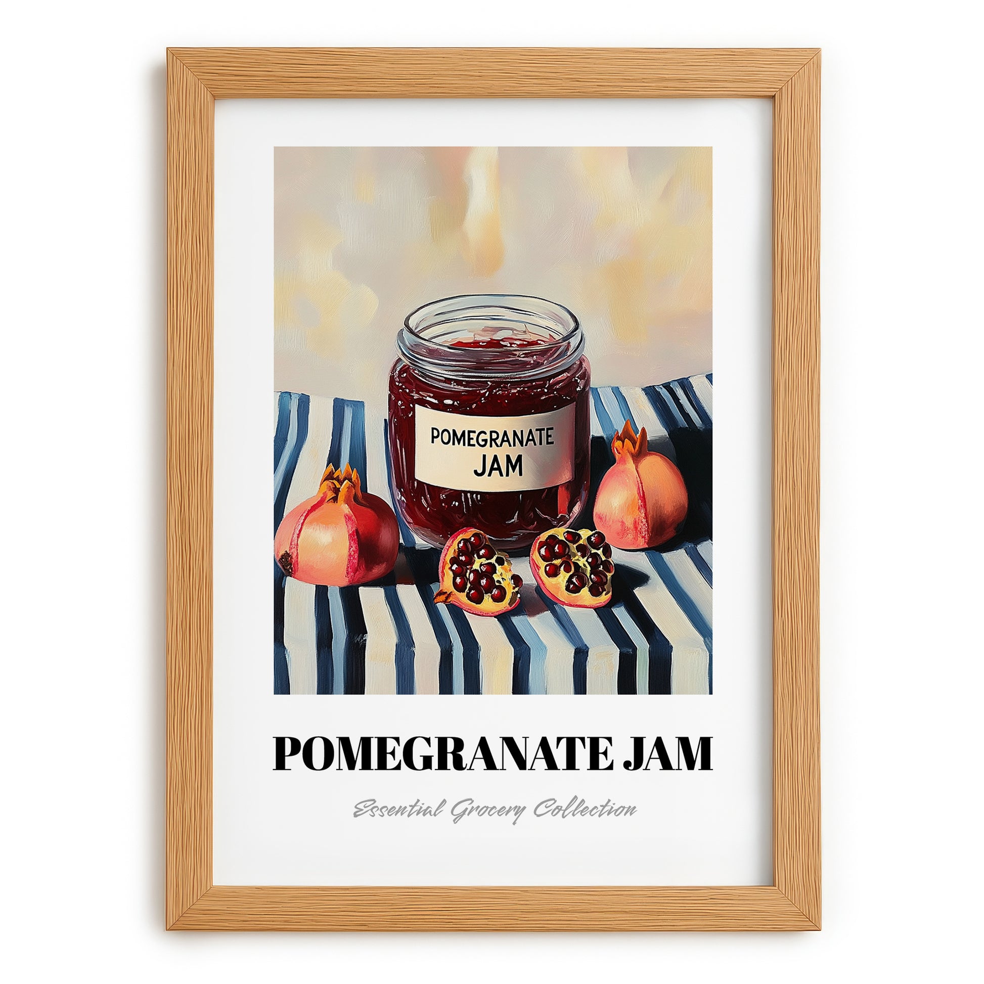 Pomegranate Jam – on Striped Tablecloth, Jam Illustration, set in oak frame