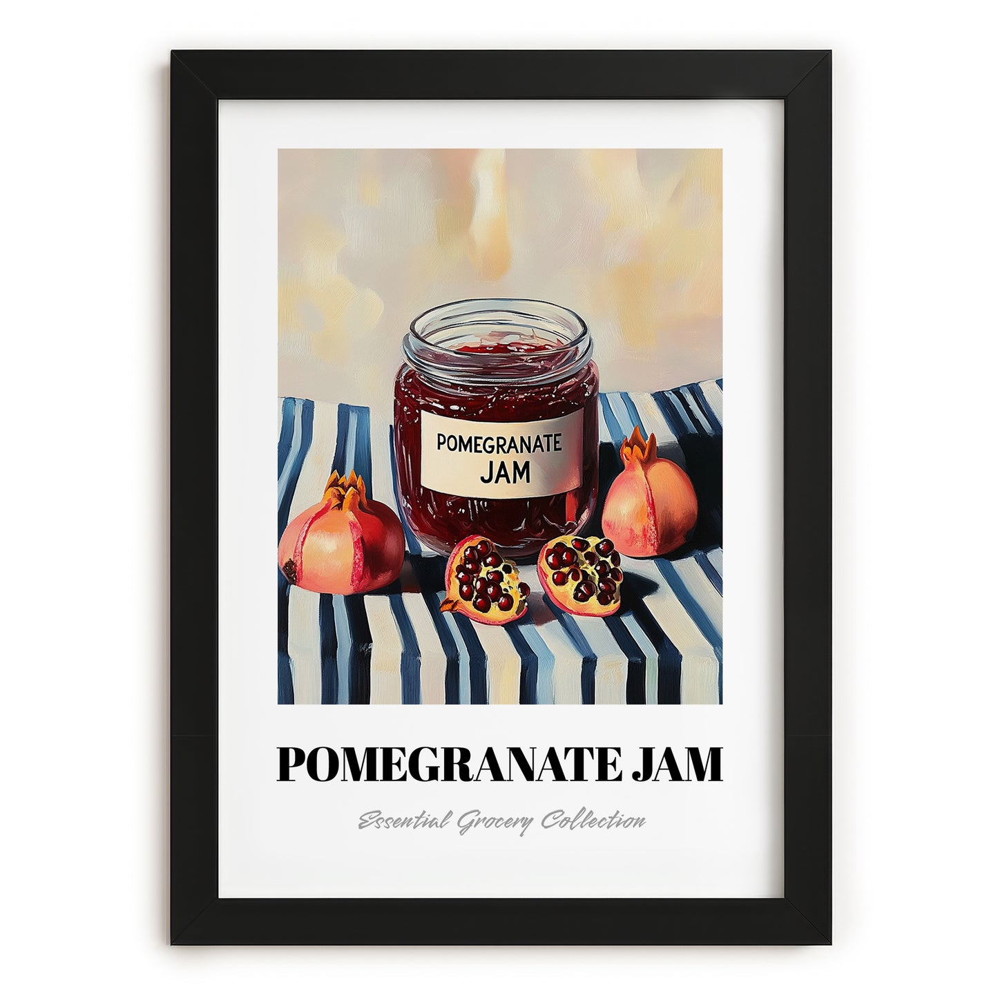 Pomegranate Jam – on Striped Tablecloth, Jam Illustration, in sleek black frame