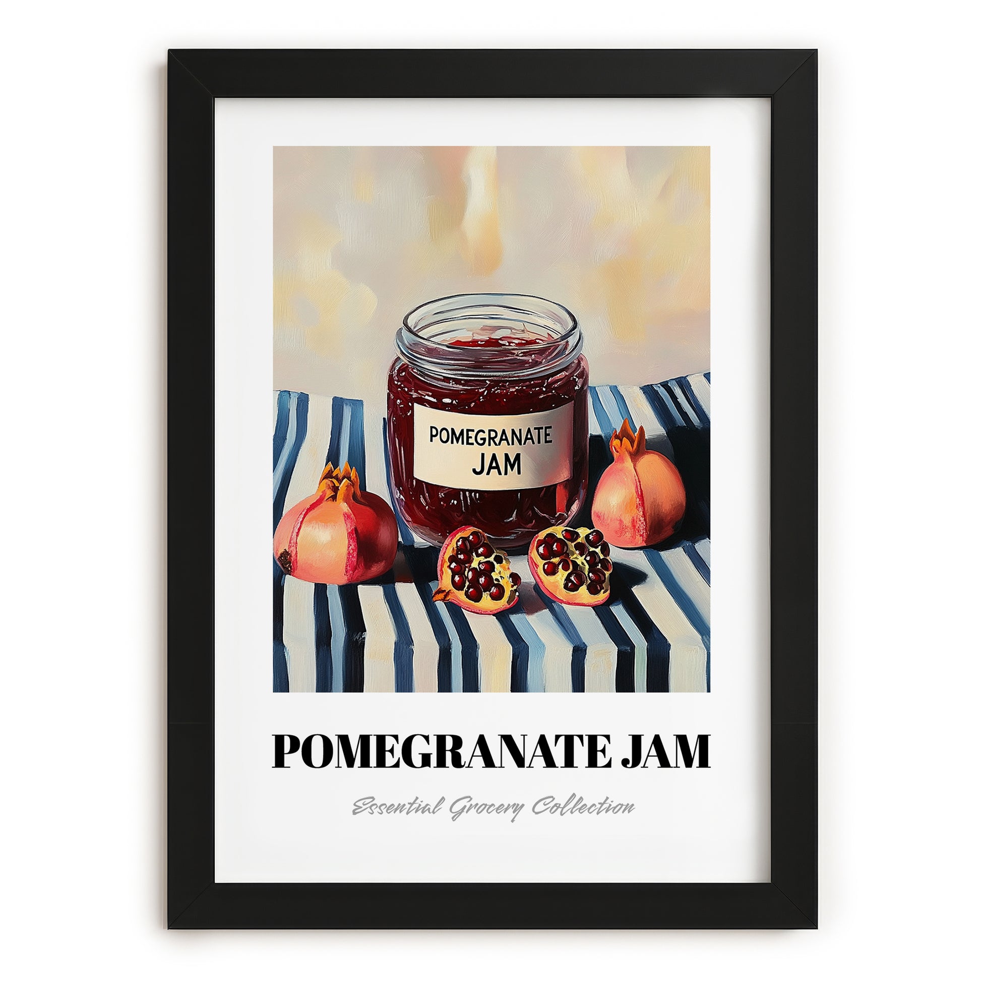 Pomegranate Jam – on Striped Tablecloth, Jam Illustration, in sleek black frame