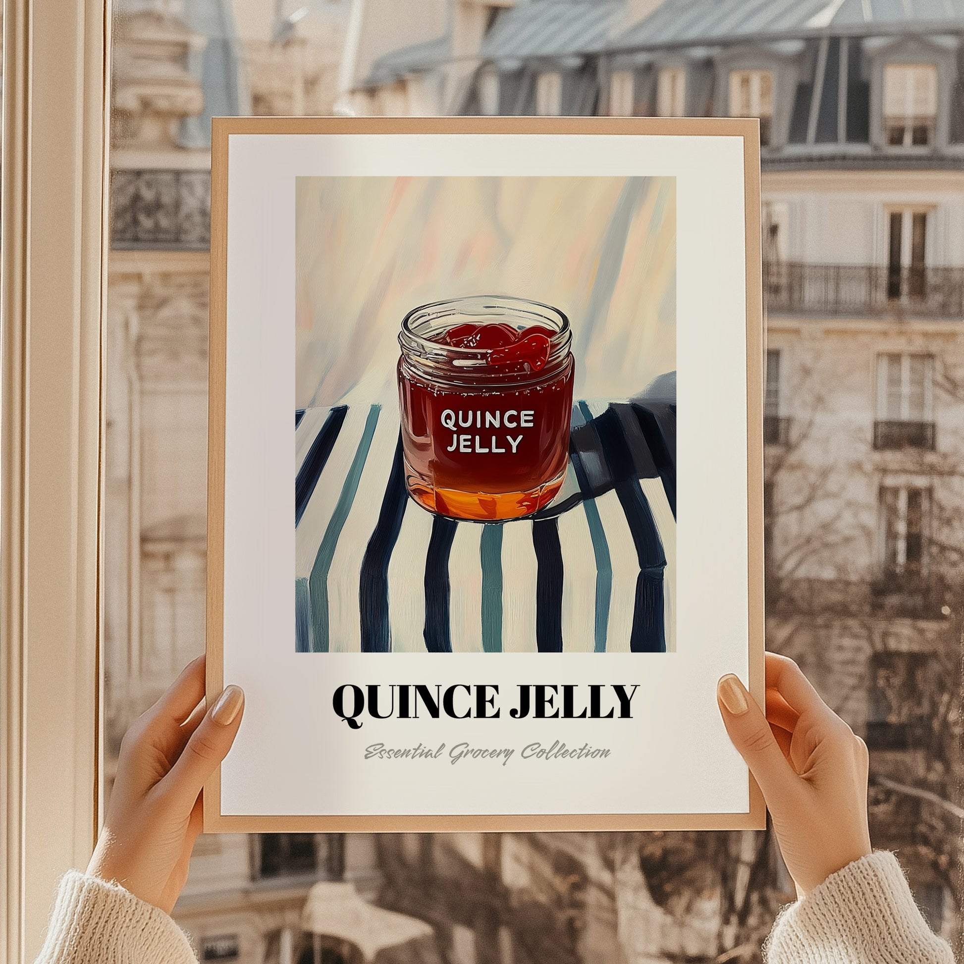 Quince Jelly – on Striped Tablecloth, Jam Illustration, styled in a charming Paris street view