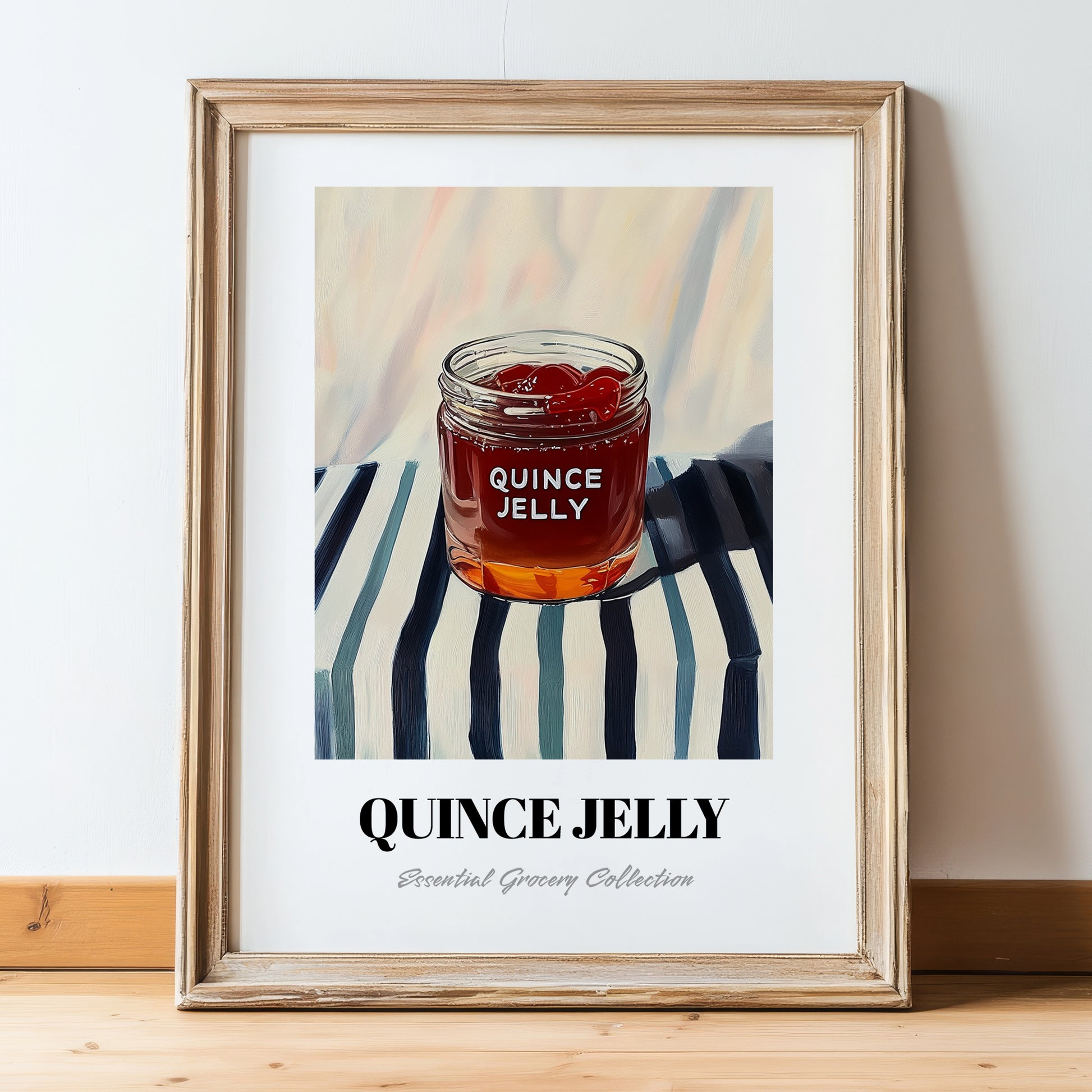 Quince Jelly – on Striped Tablecloth, Jam Illustration, in wooden frame leaning on the floor