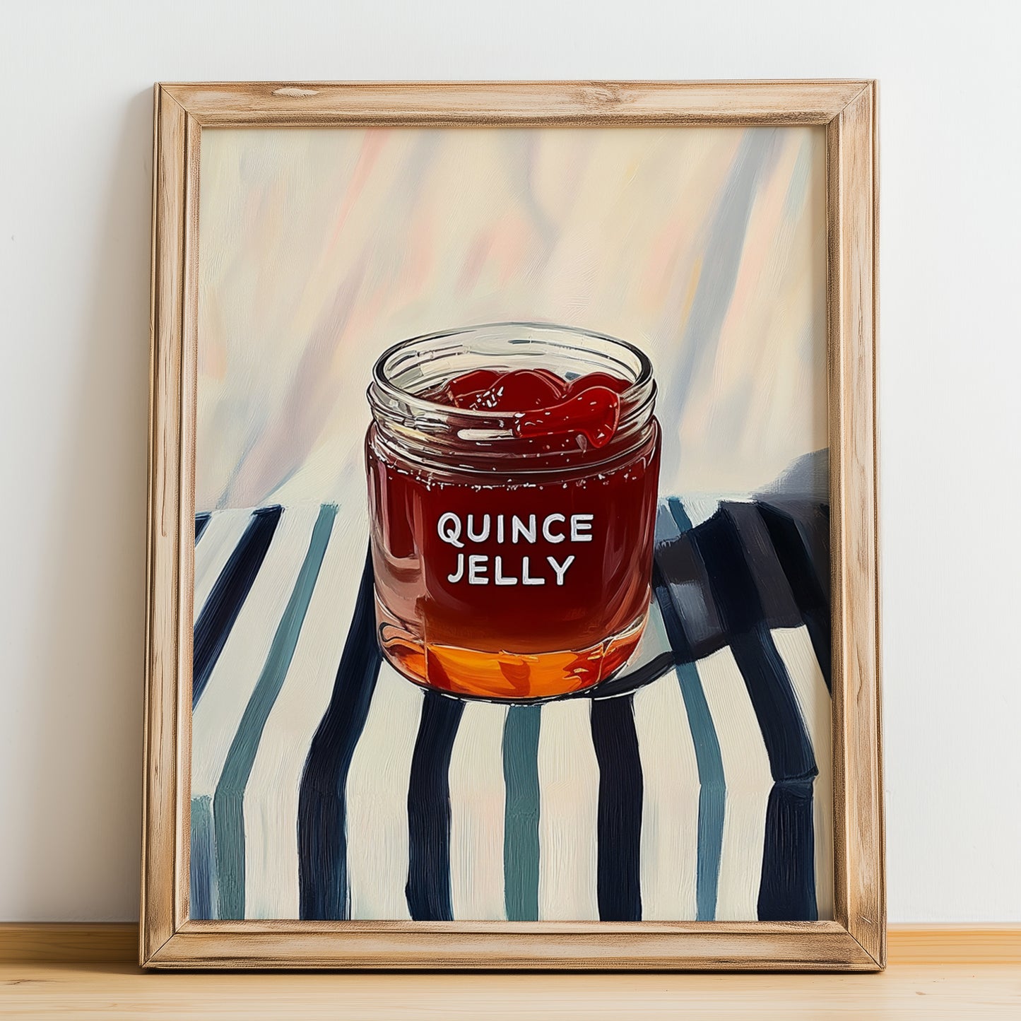 Quince Jelly – on Striped Tablecloth, Jam Illustration, no-text version framed in wood