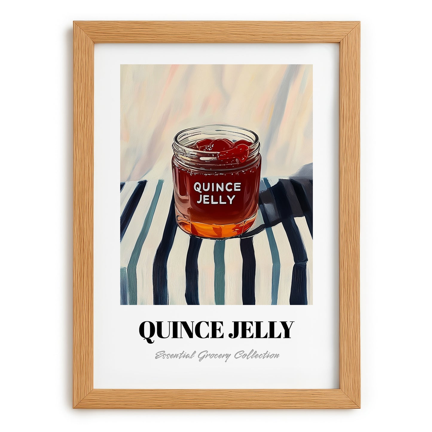 Quince Jelly – on Striped Tablecloth, Jam Illustration, set in oak frame