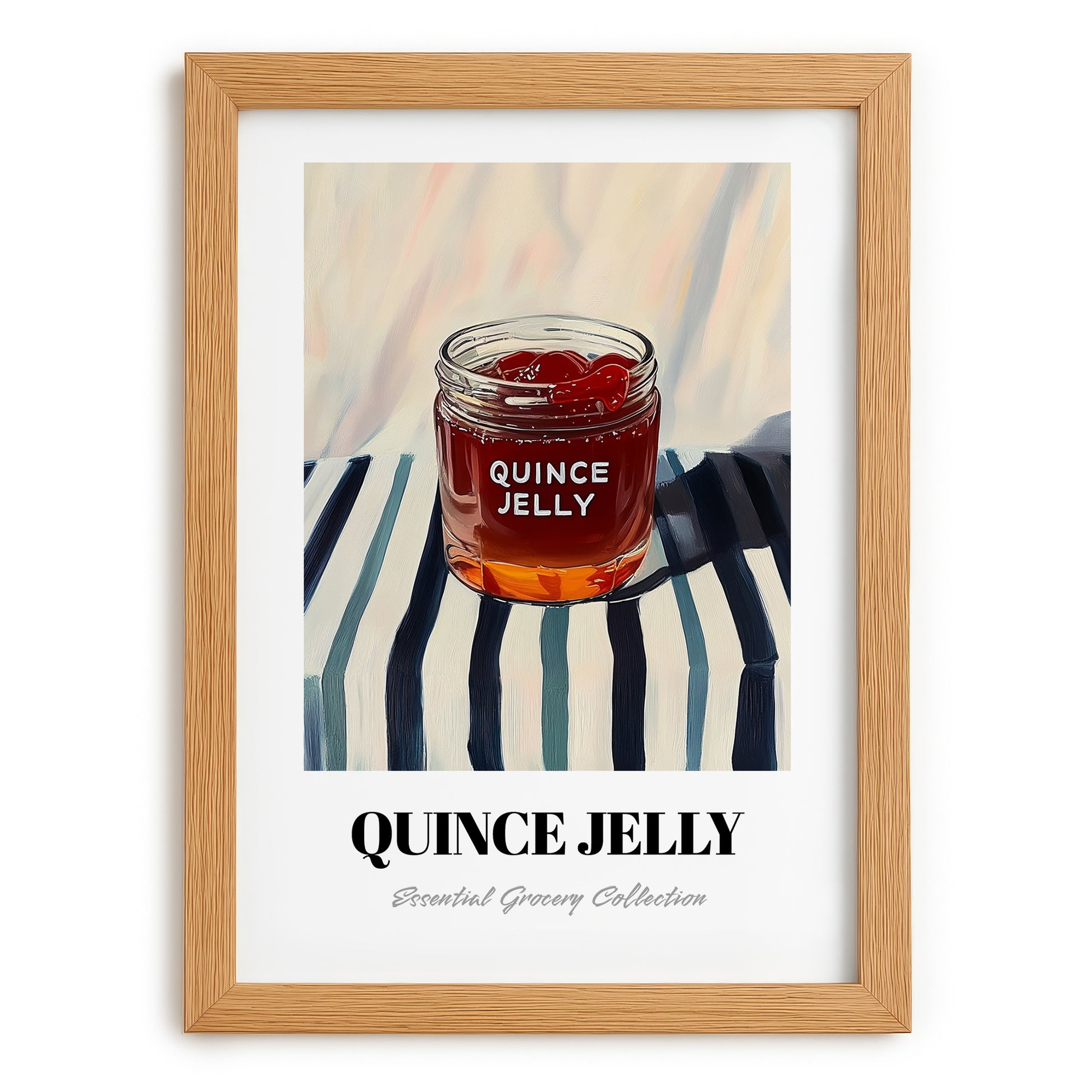 Quince Jelly – on Striped Tablecloth, Jam Illustration, set in oak frame