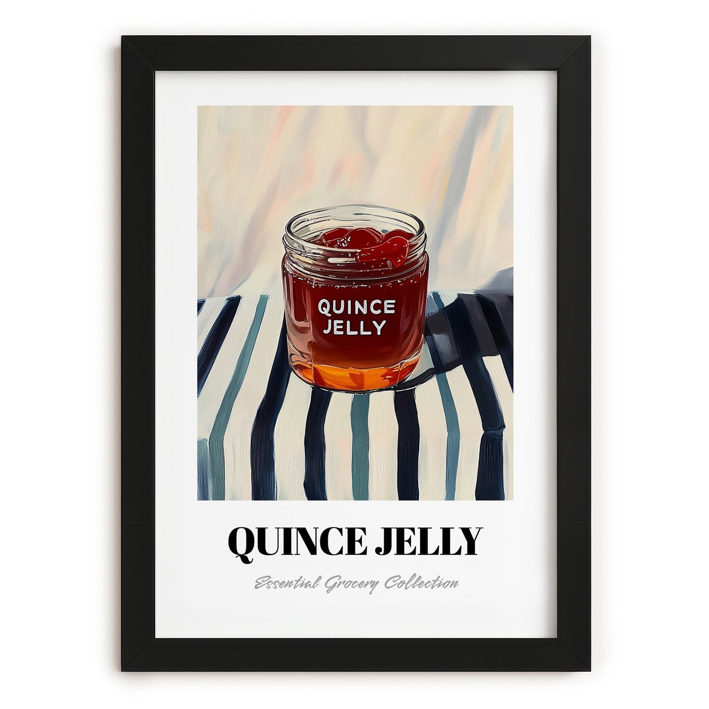 Quince Jelly – on Striped Tablecloth, Jam Illustration, in sleek black frame