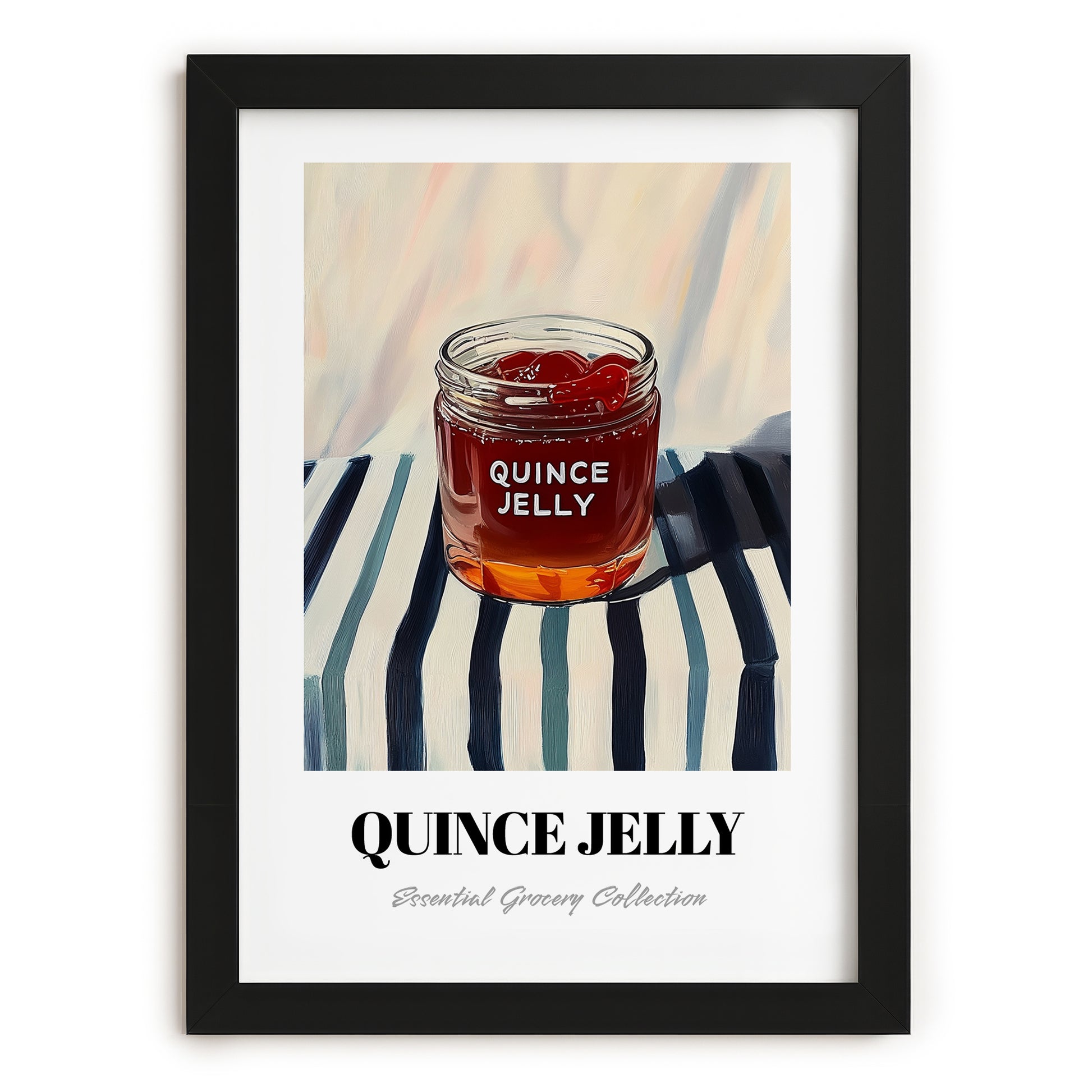 Quince Jelly – on Striped Tablecloth, Jam Illustration, in sleek black frame