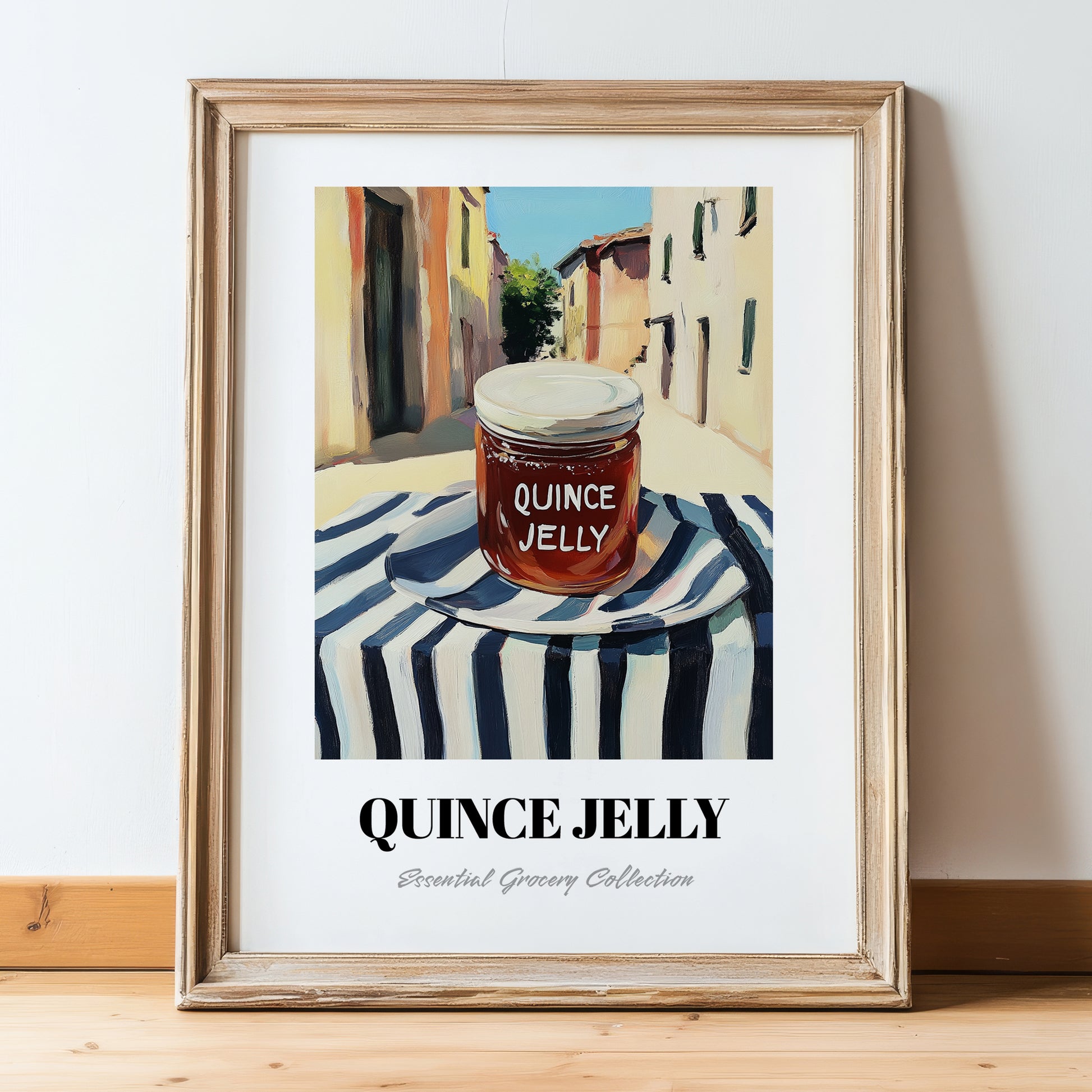 Quince Jelly – Italian Café on the Corner, Jam Illustration, in wooden frame leaning on the floor