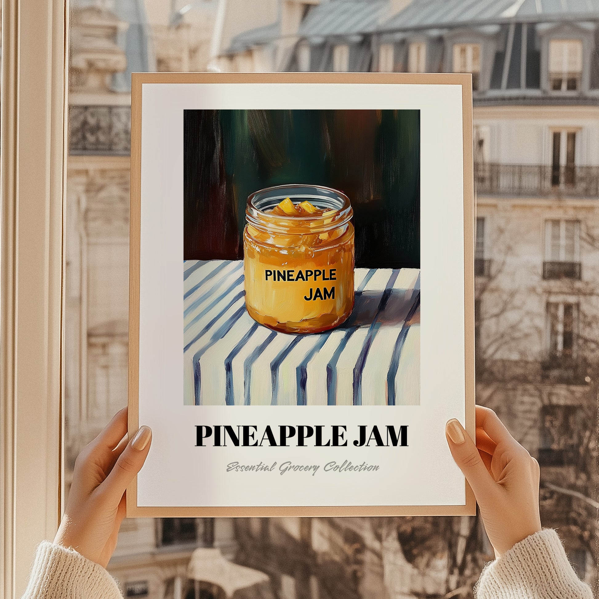 Pineapple Jam – on Striped Tablecloth, Jam Art, styled in a charming Paris street view