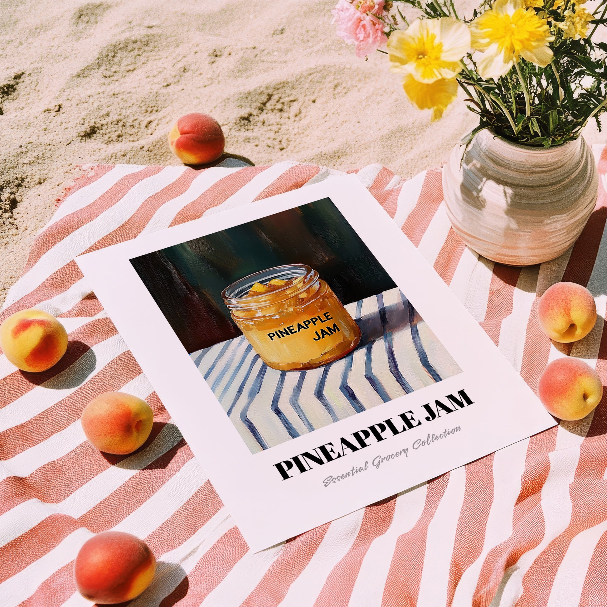 Pineapple Jam – on Striped Tablecloth, Jam Art, unframed on coastal sand
