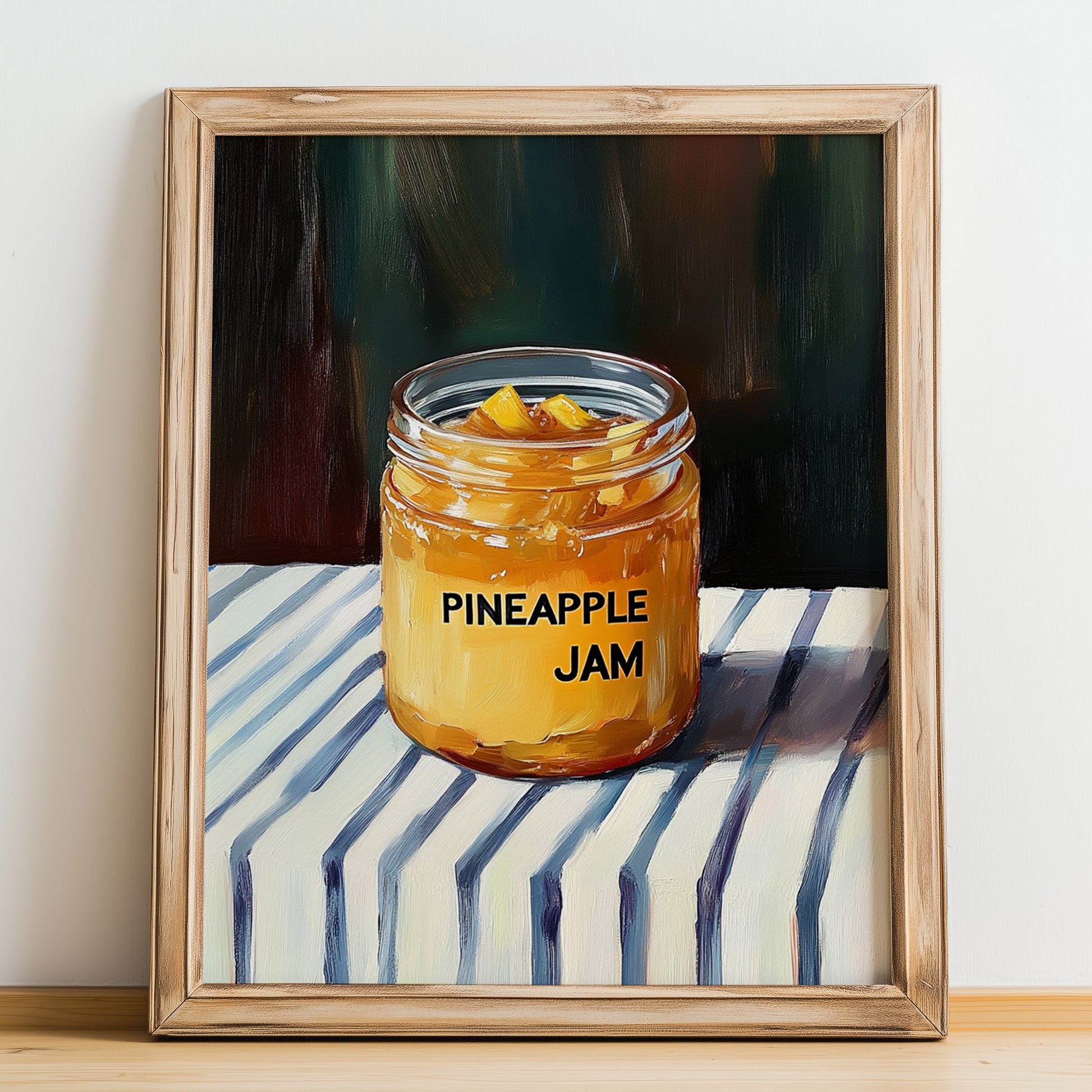 Pineapple Jam – on Striped Tablecloth, Jam Art, no-text version framed in wood