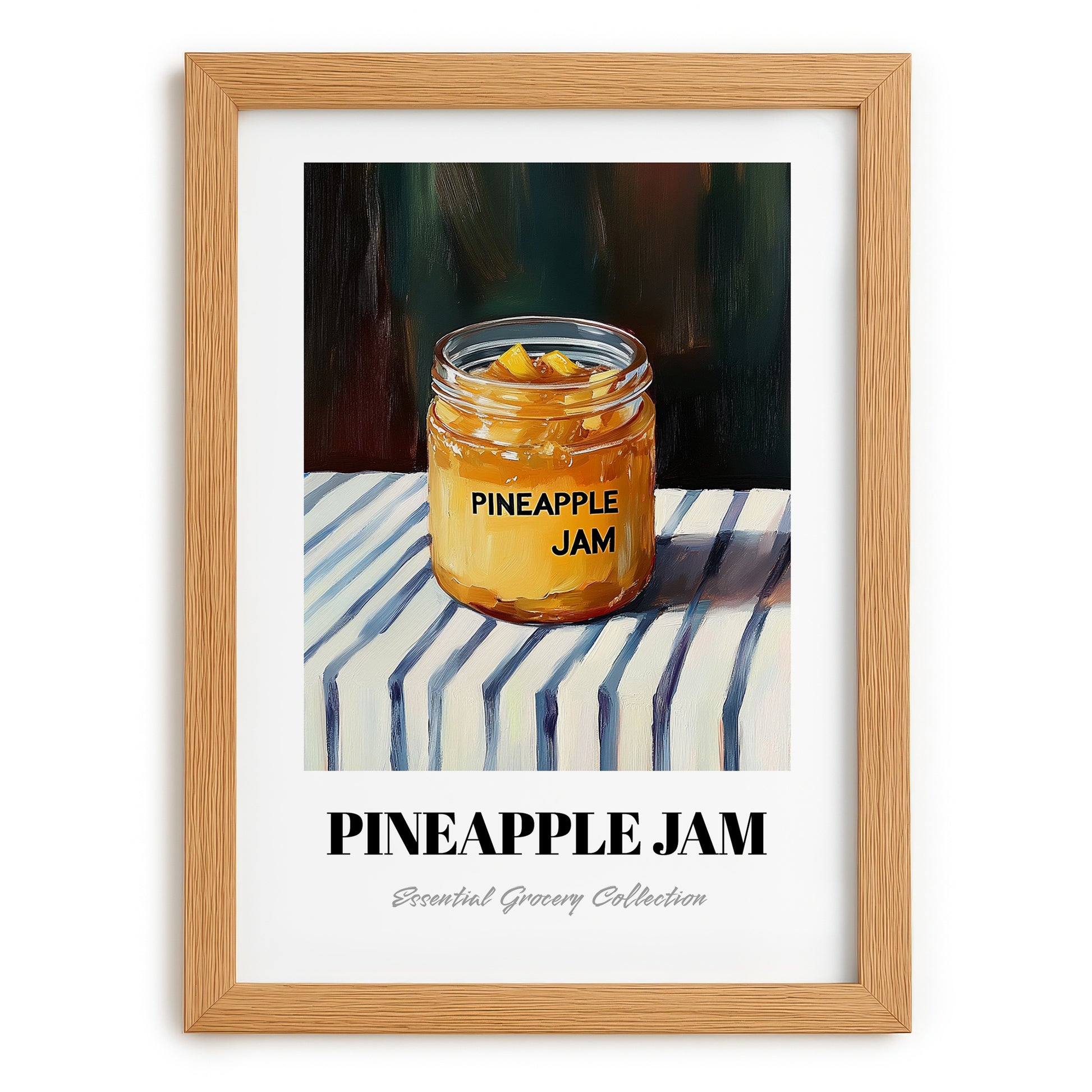 Pineapple Jam – on Striped Tablecloth, Jam Art, set in oak frame