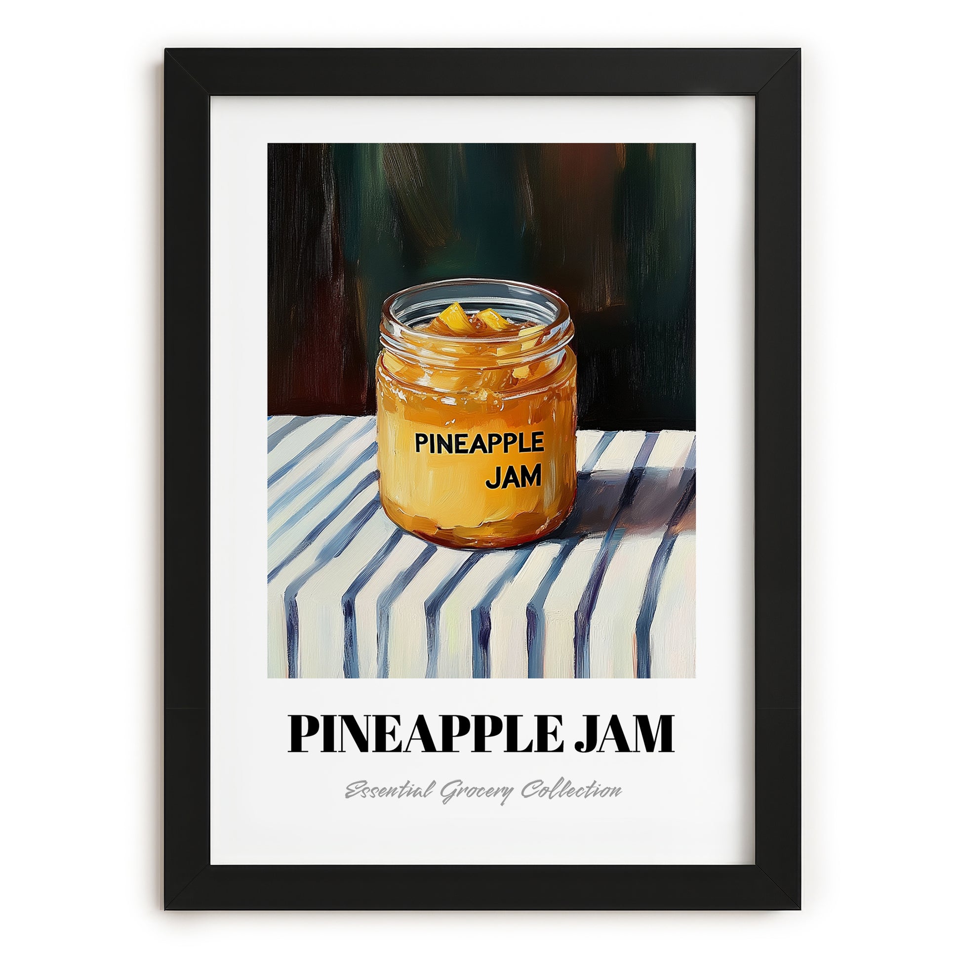 Pineapple Jam – on Striped Tablecloth, Jam Art, in sleek black frame