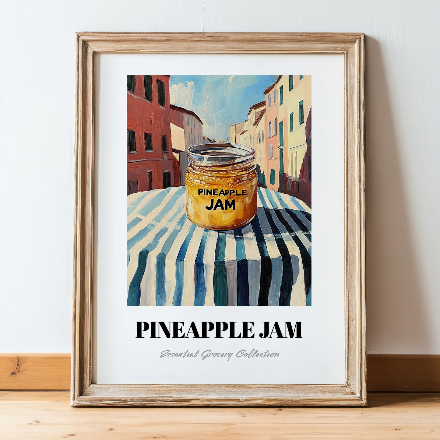 Pineapple Jam – Italian Urban Café Scene, Jam Print, in wooden frame leaning on the floor