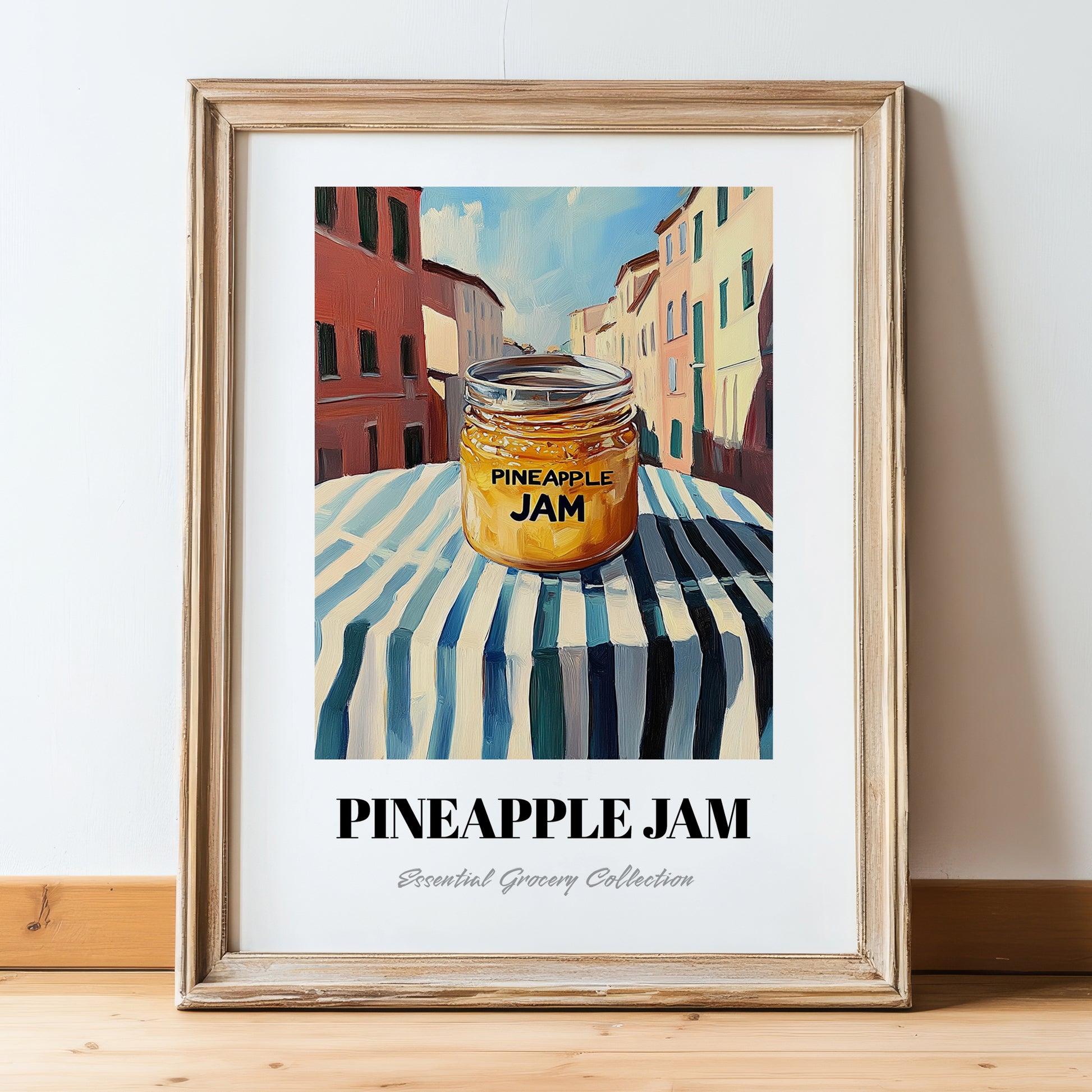 Pineapple Jam – Italian Urban Café Scene, Jam Print, in wooden frame leaning on the floor