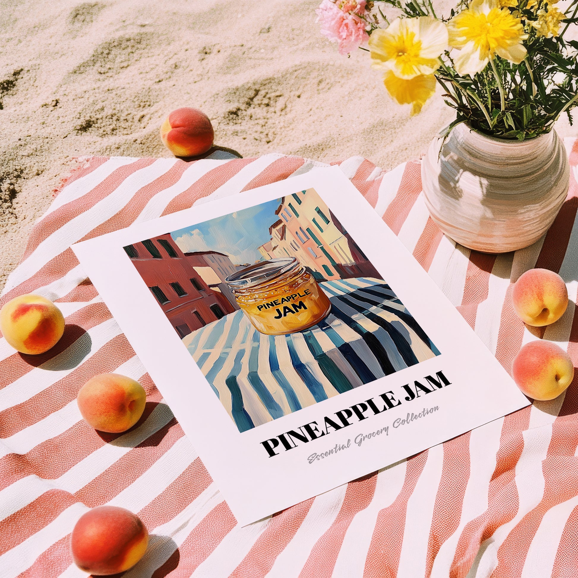 Pineapple Jam – Italian Urban Café Scene, Jam Print, unframed on coastal sand