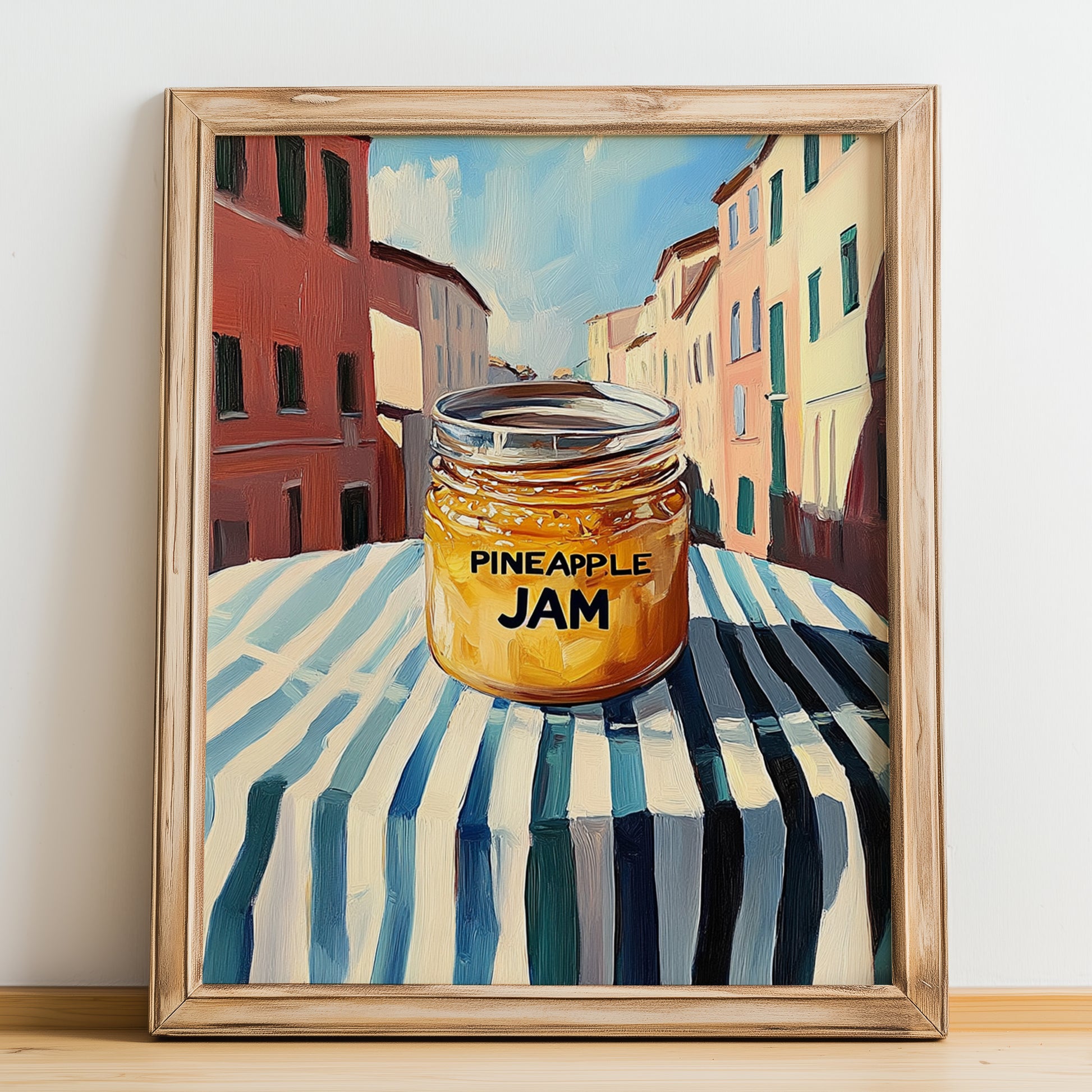Pineapple Jam – Italian Urban Café Scene, Jam Print, no-text version framed in wood