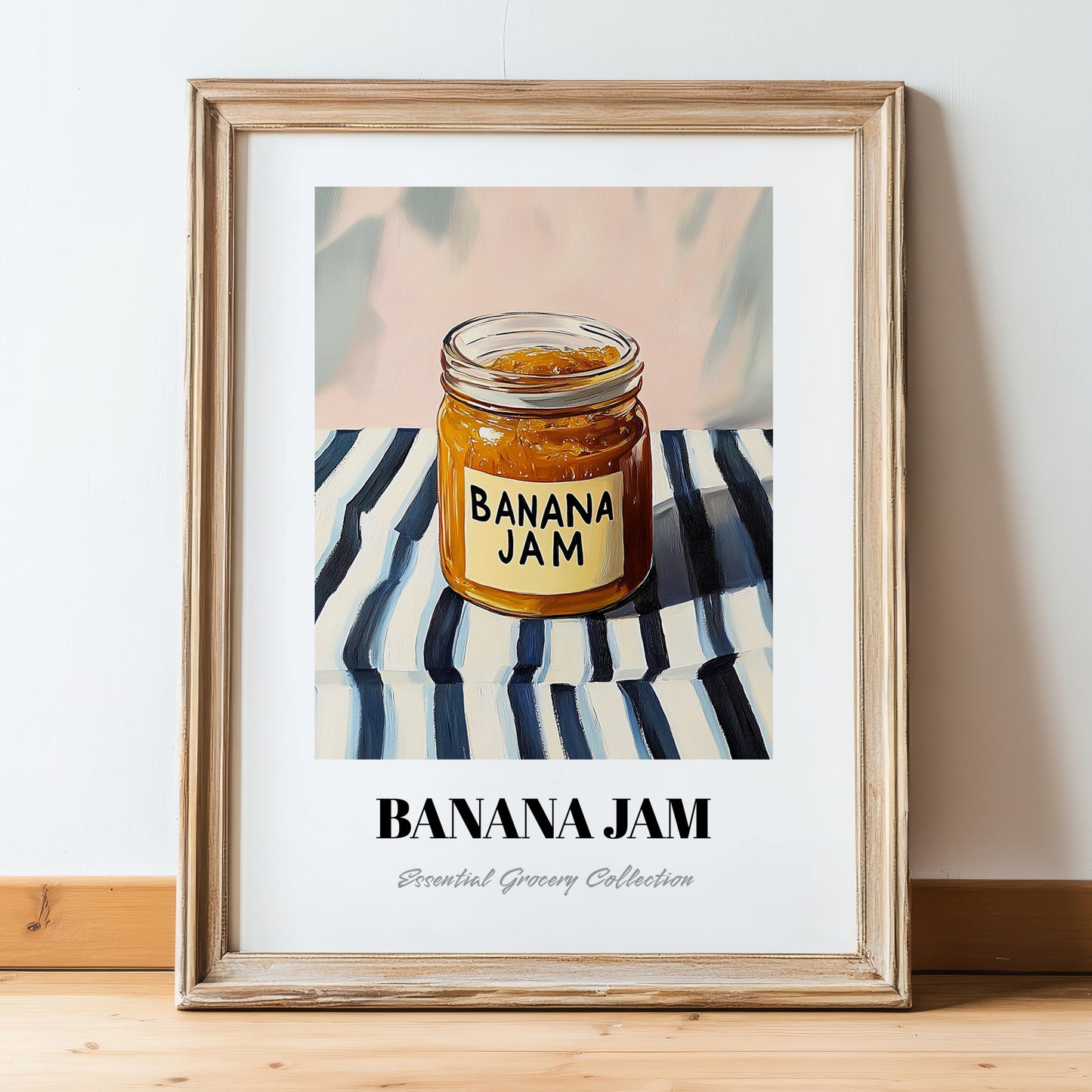 Banana Jam – on Striped Tablecloth, Jam Still Life, in wooden frame leaning on the floor