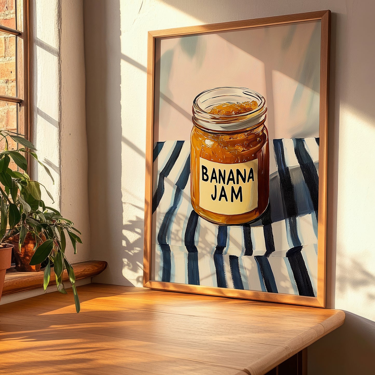 Banana Jam – on Striped Tablecloth, Jam Still Life, clean layout with no caption