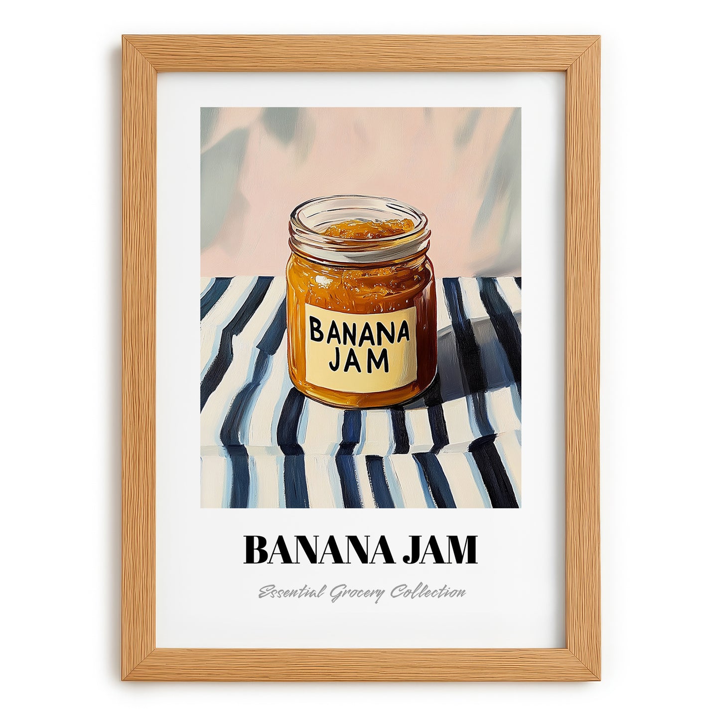 Banana Jam – on Striped Tablecloth, Jam Still Life, set in oak frame