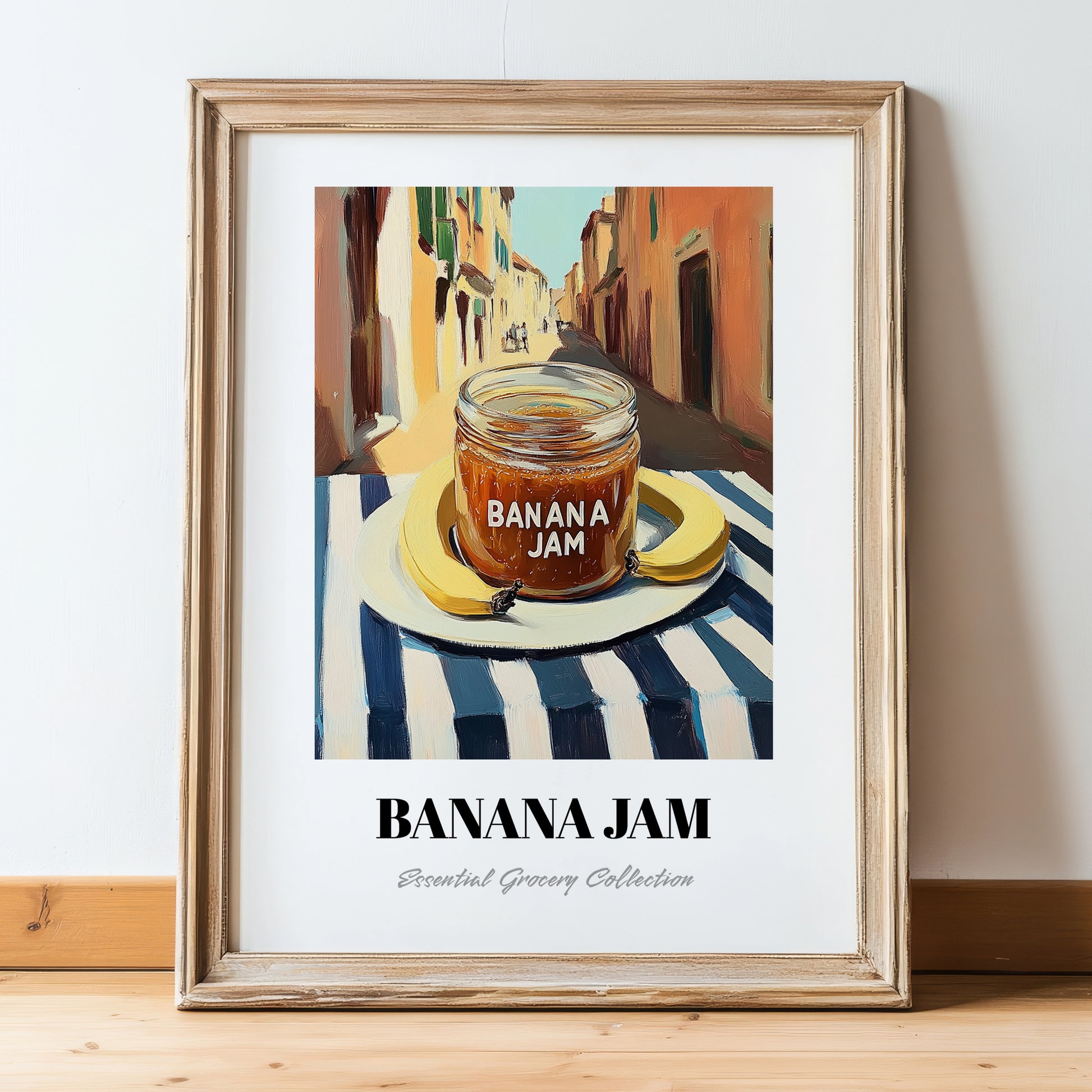 Banana Jam – Italian Outdoor Café Scene, Jam Still Life, in wooden frame leaning on the floor