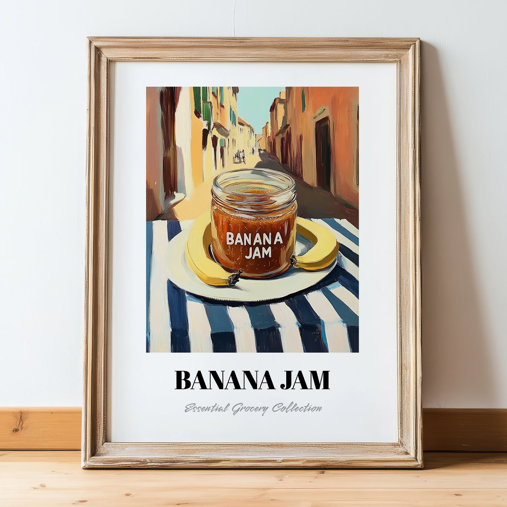 Banana Jam – Italian Outdoor Café Scene, Jam Still Life, in wooden frame leaning on the floor