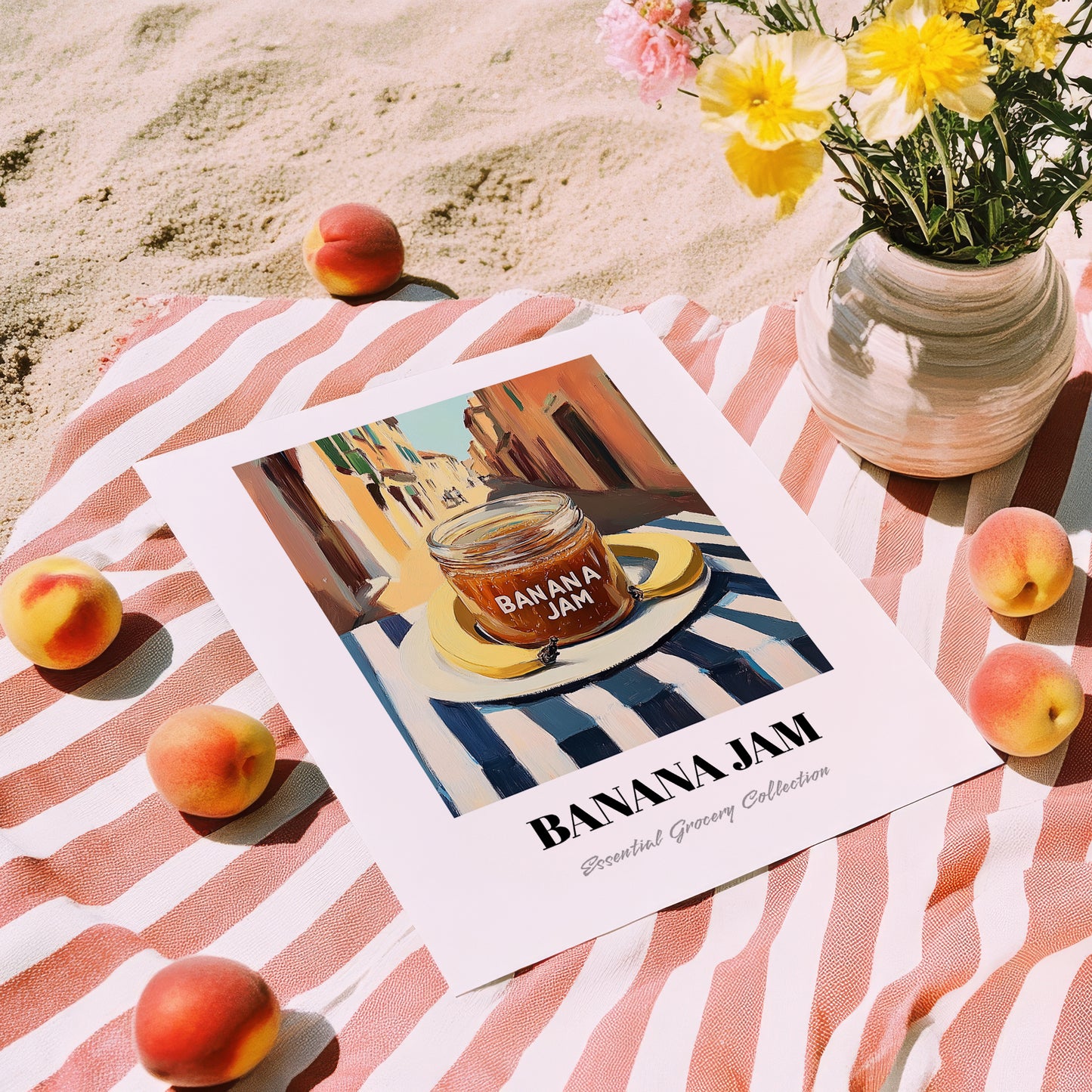 Banana Jam – Italian Outdoor Café Scene, Jam Still Life, unframed on coastal sand