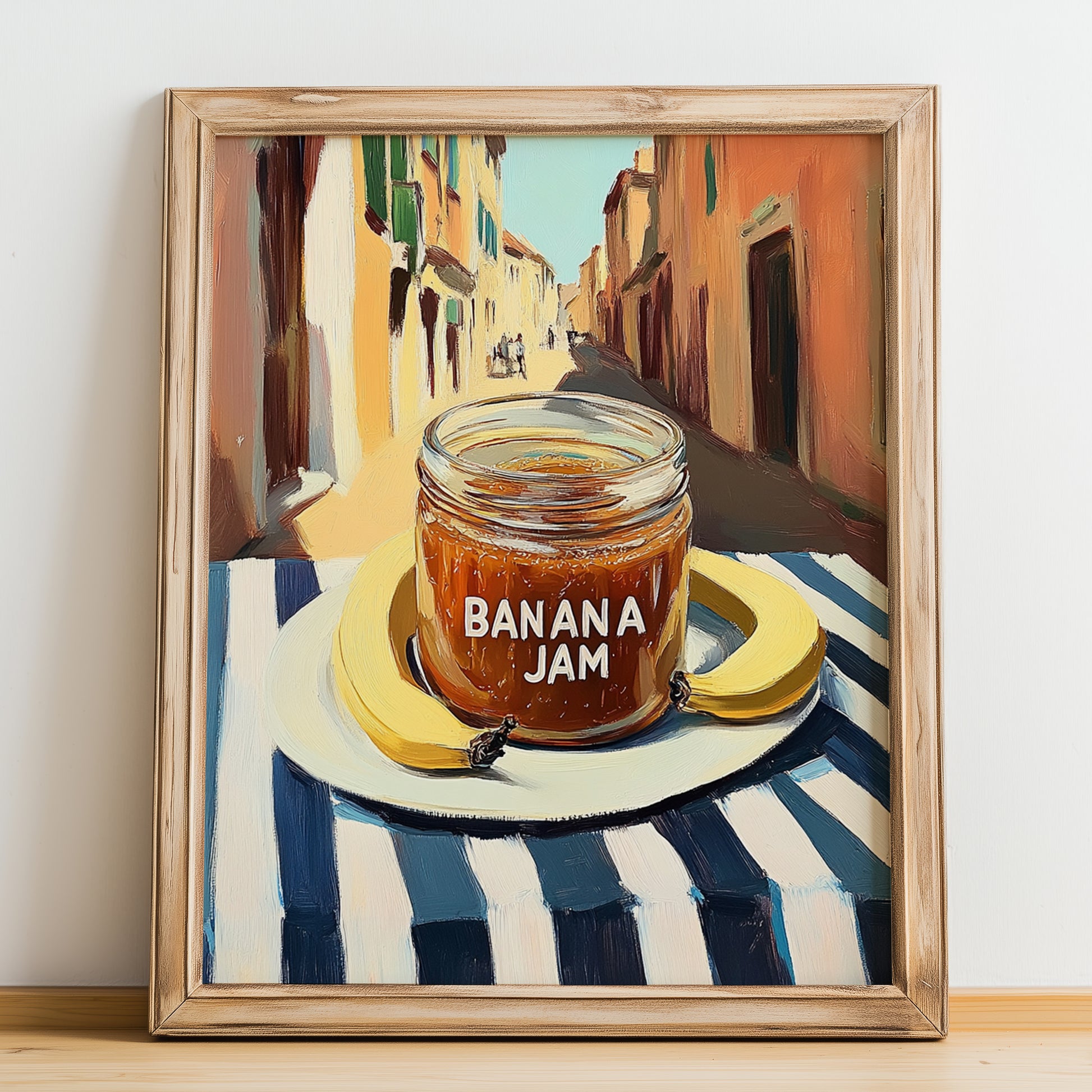 Banana Jam – Italian Outdoor Café Scene, Jam Still Life, no-text version framed in wood