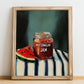 Watermelon Jam – on Striped Tablecloth, Jam Painting, no-text version framed in wood