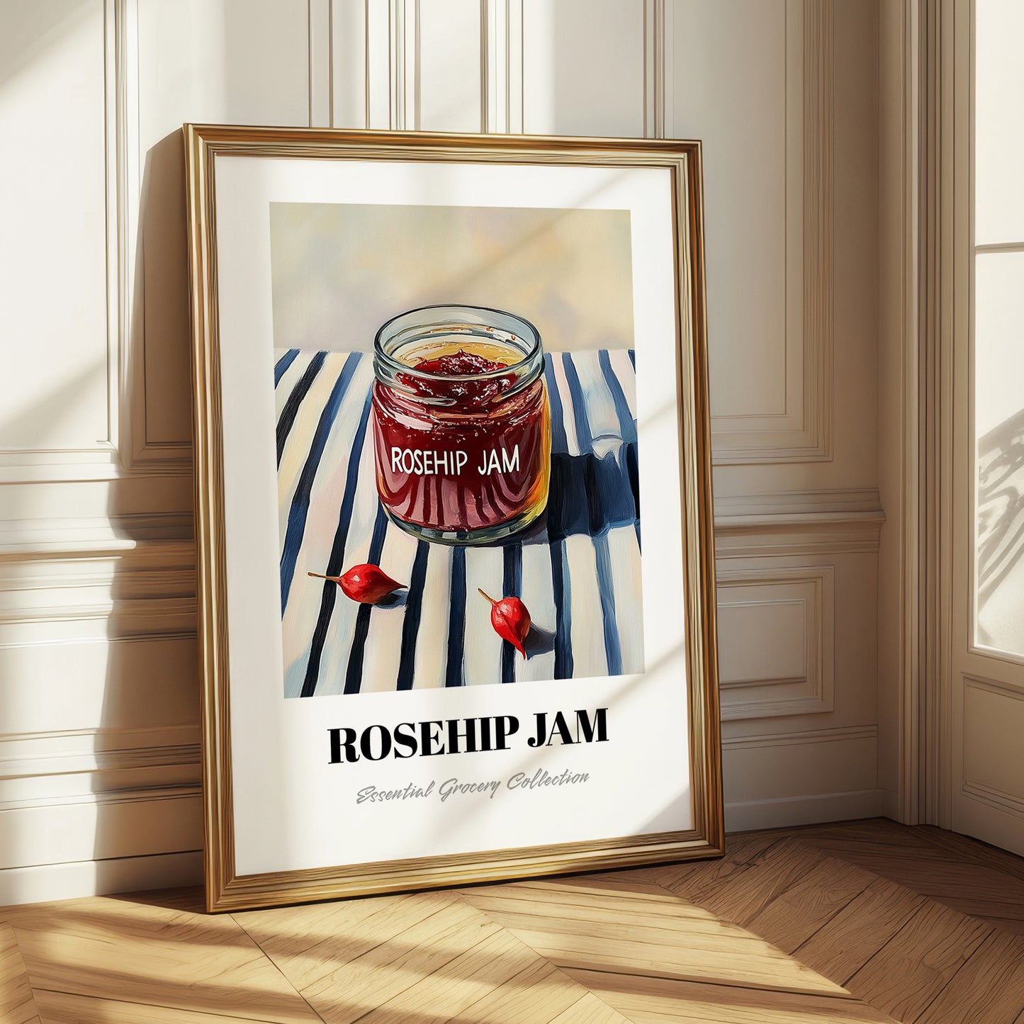Rosehip Jam – on Striped Tablecloth, Jam Art