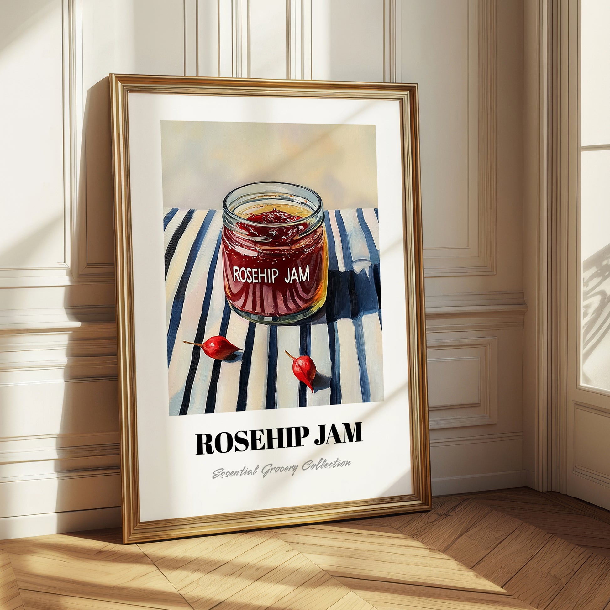 Rosehip Jam – on Striped Tablecloth, Jam Art