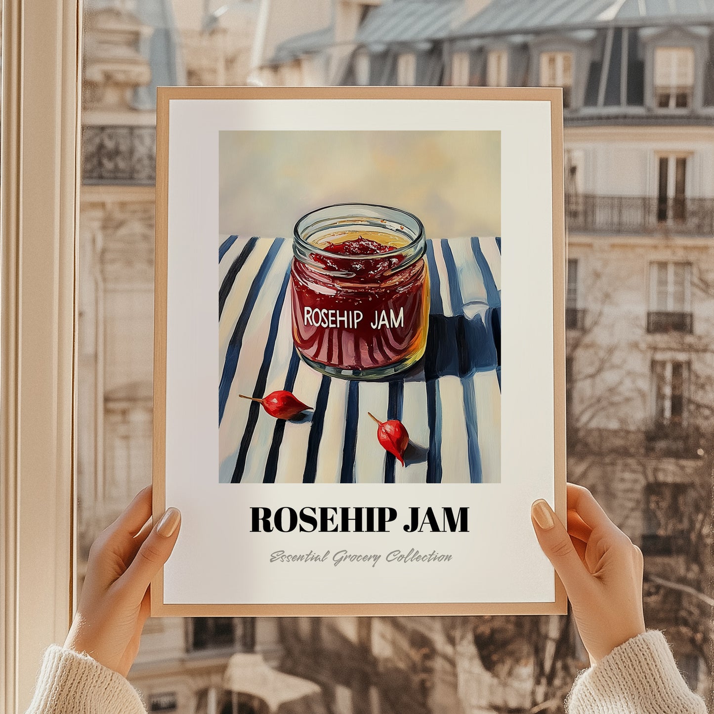 Rosehip Jam – on Striped Tablecloth, Jam Art, styled in a charming Paris street view