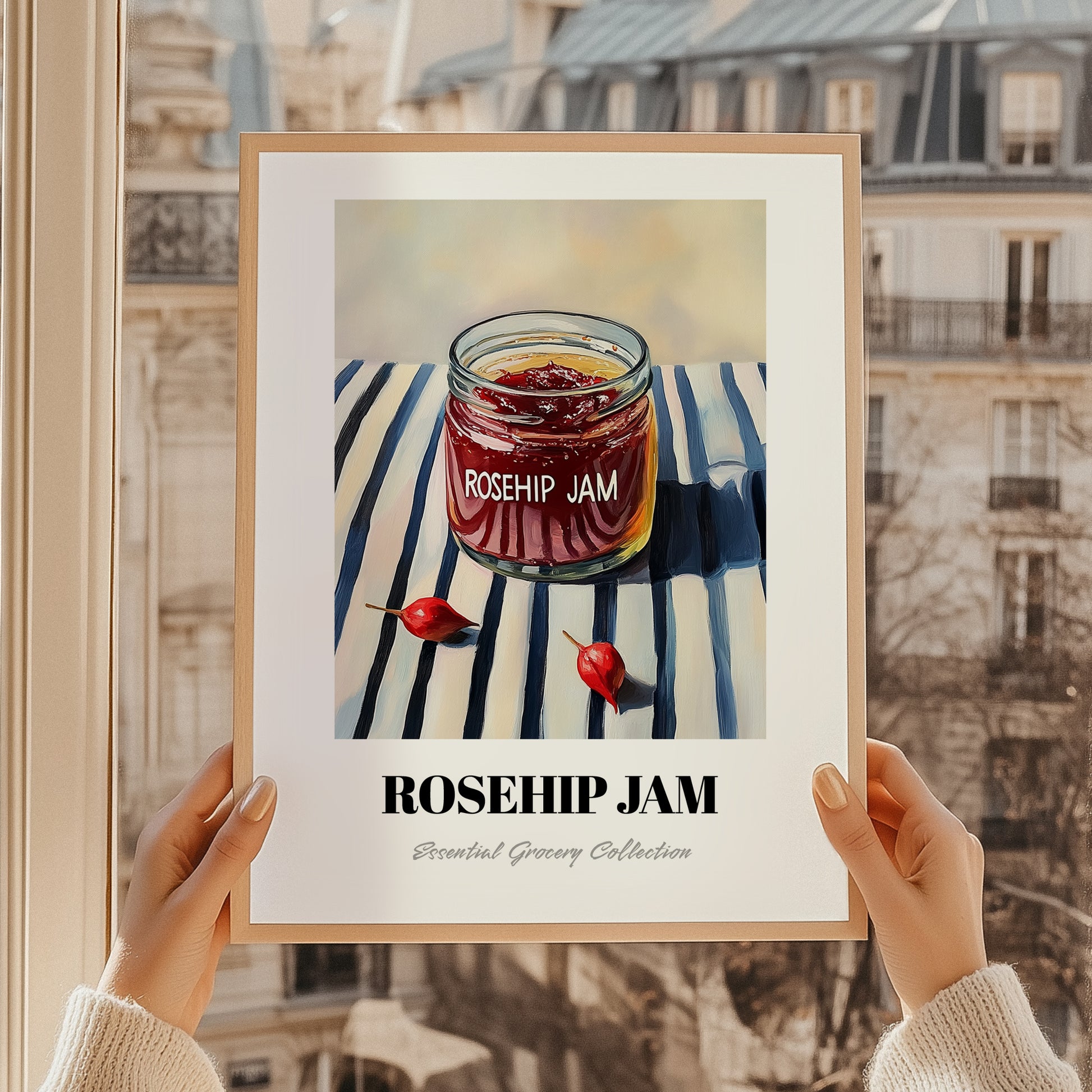 Rosehip Jam – on Striped Tablecloth, Jam Art, styled in a charming Paris street view