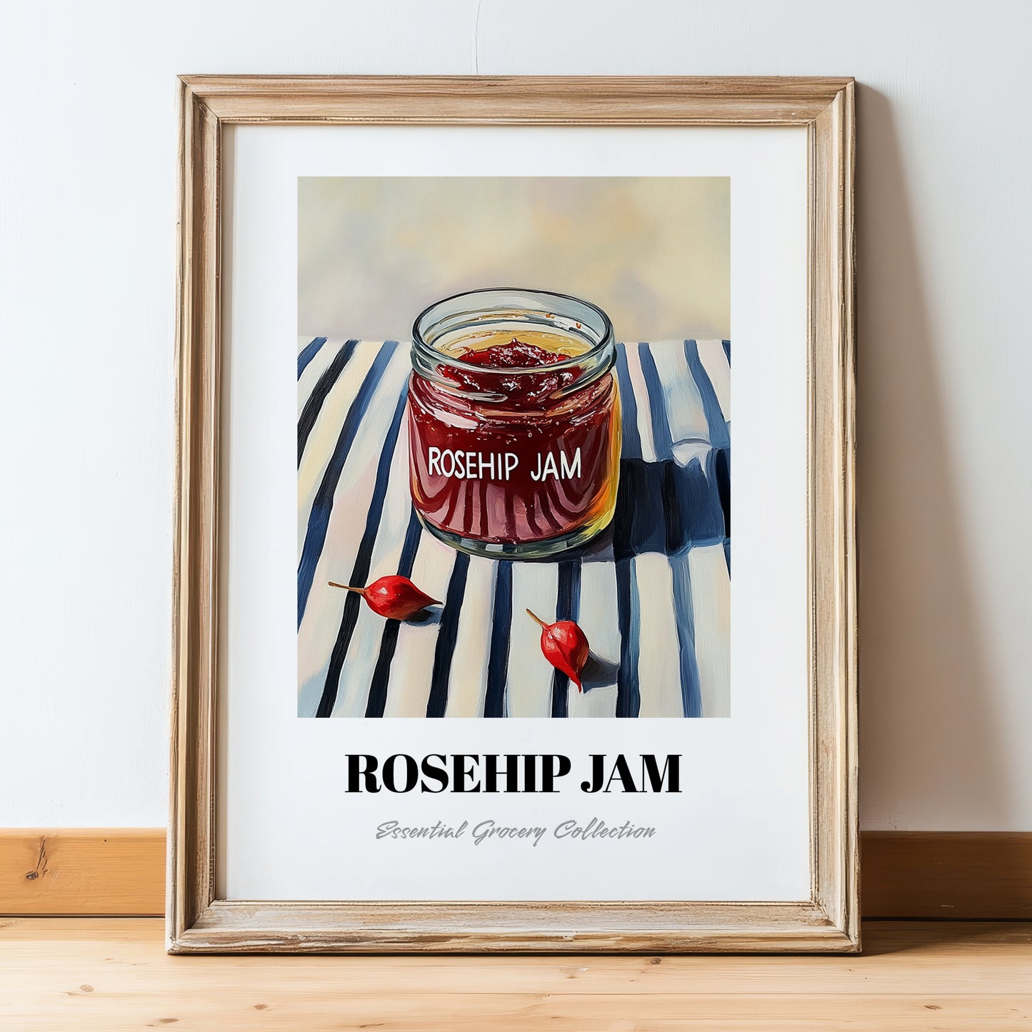 Rosehip Jam – on Striped Tablecloth, Jam Art, in wooden frame leaning on the floor