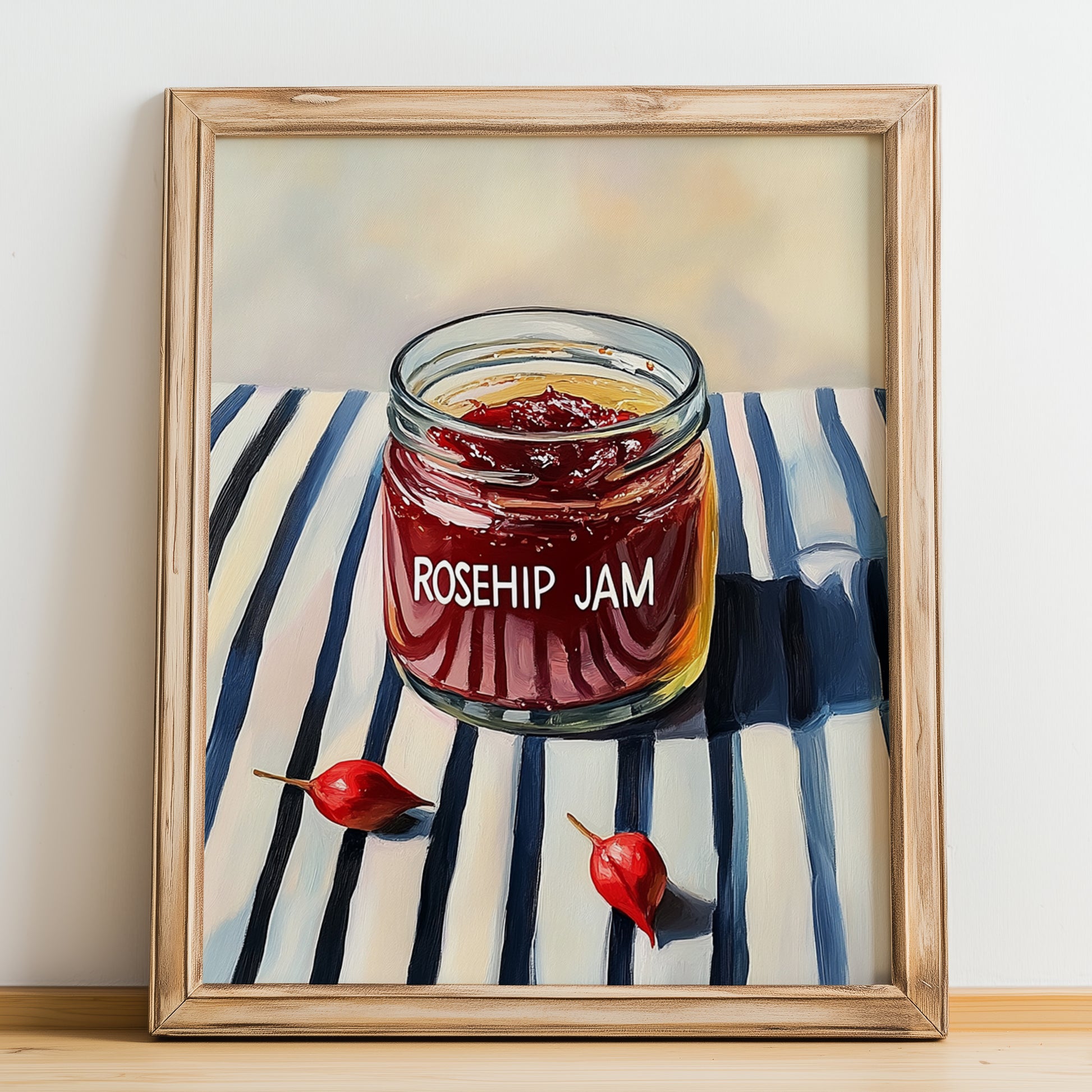 Rosehip Jam – on Striped Tablecloth, Jam Art, no-text version framed in wood